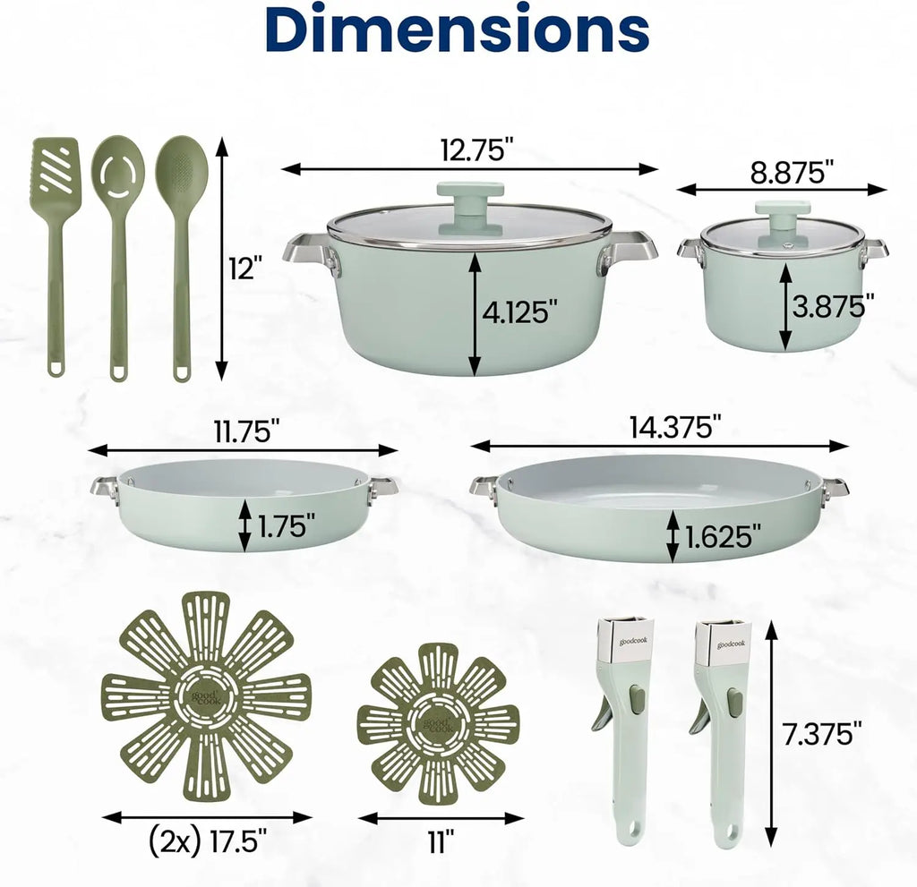 14-Piece Ceramic Cookware Set with Removable Handles, Nonstick Pots & Pans