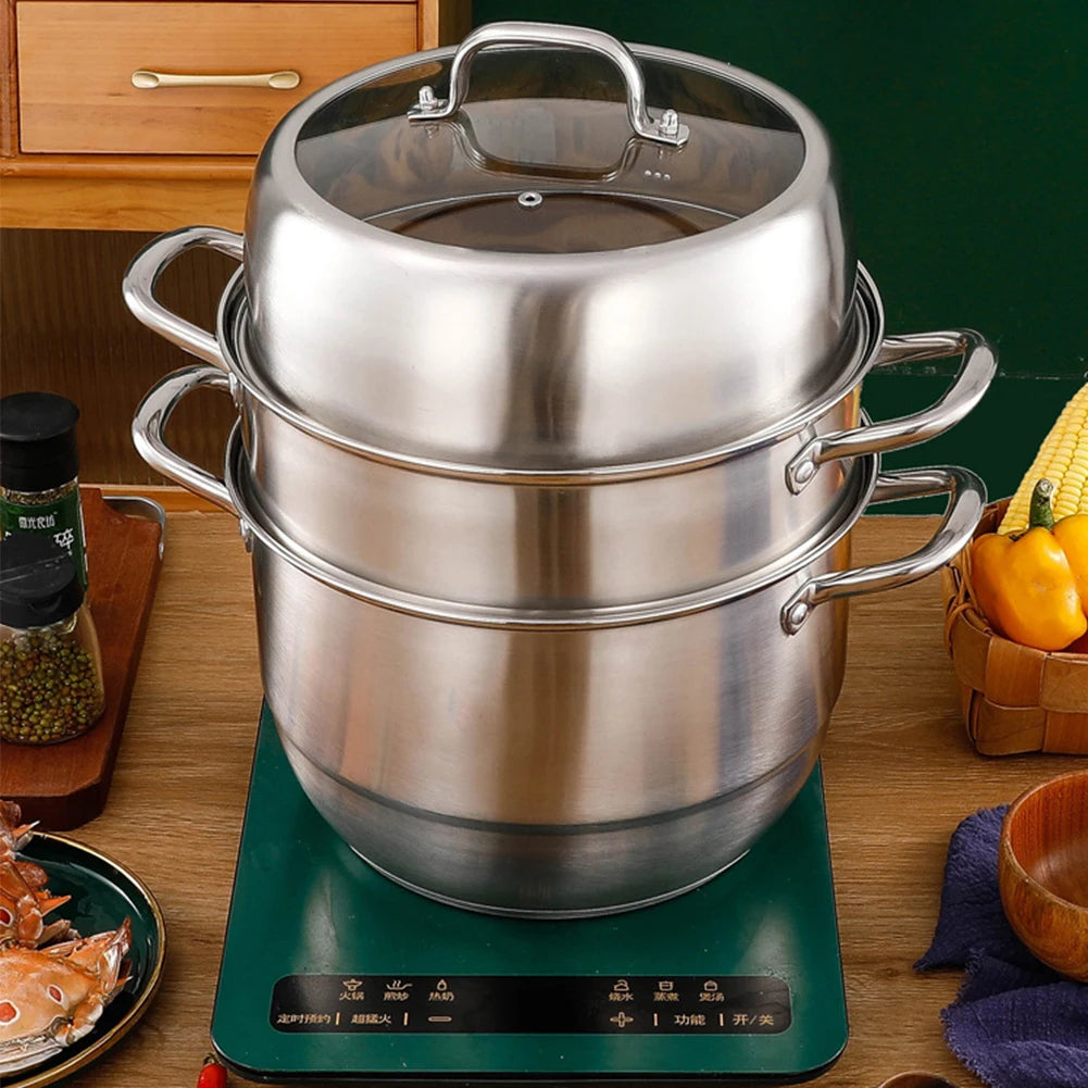 11inch 3 Tier Stainless Steel with Lid & Handle Steamer Pot Thick Food Steamer