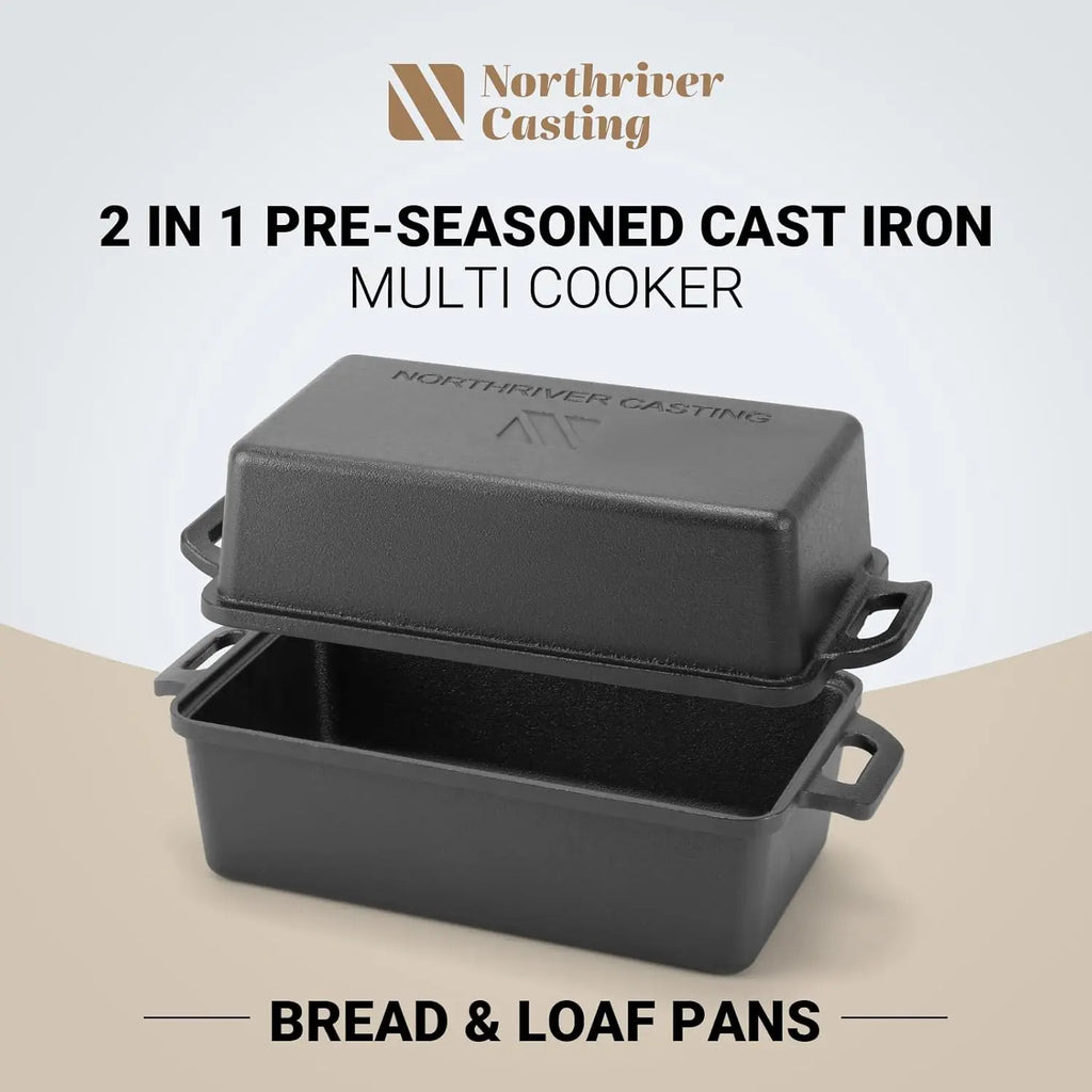 9x5 Inch Cast Iron Loaf Pan with Lid for Even Baking of Bread, Cake, and Meatloaf - 2-Piece Set