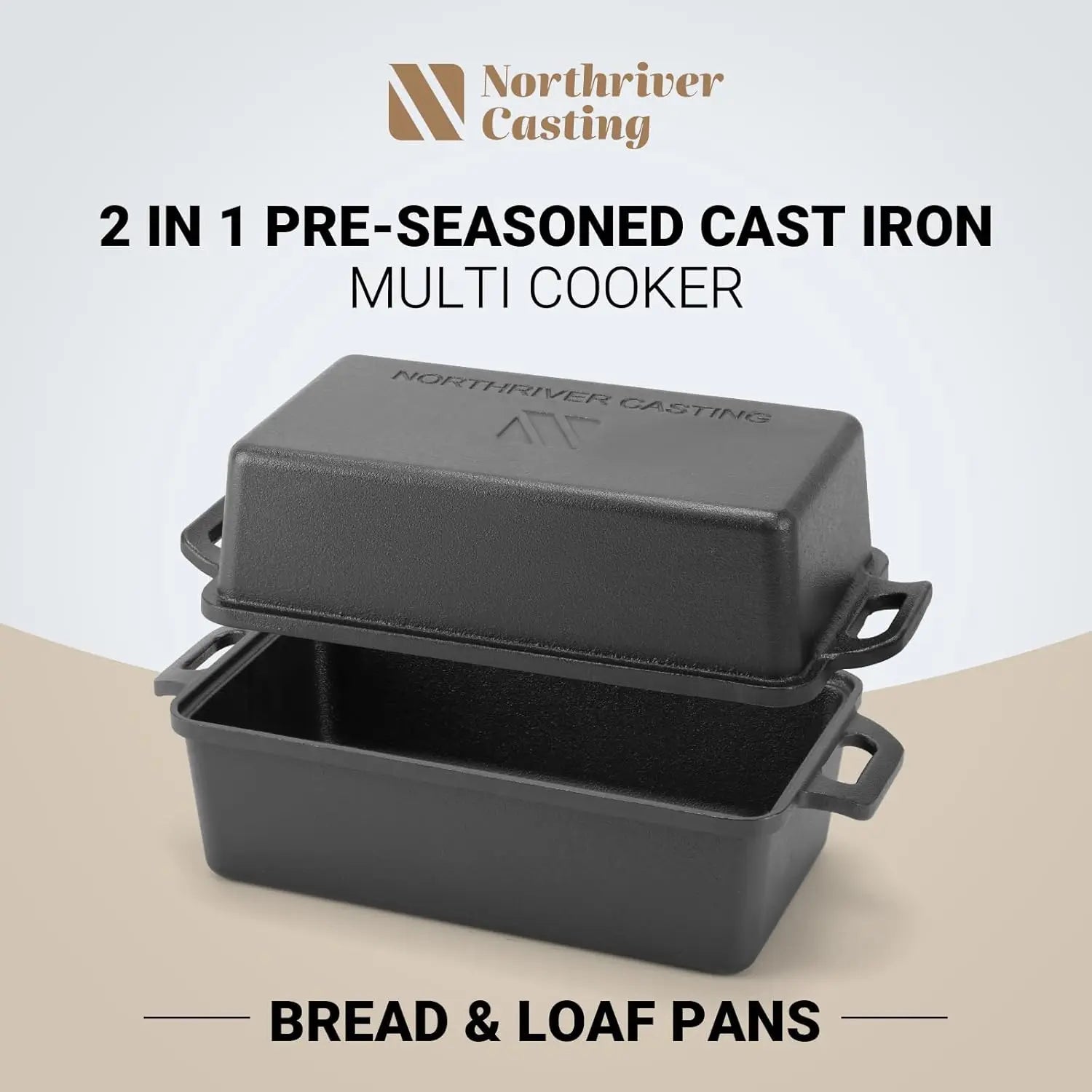 9x5 Inch Cast Iron Loaf Pan with Lid for Even Baking of Bread, Cake, and Meatloaf - 2-Piece Set