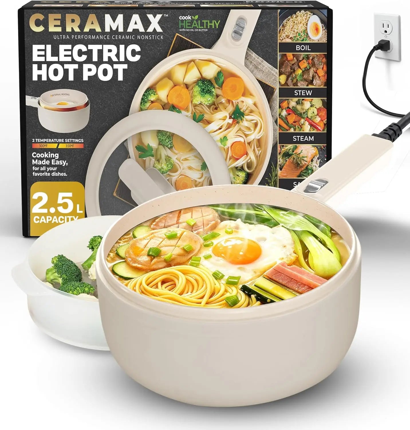 2.5L Electric Hot Pot with Lid & Steamer, Ceramic Cooker