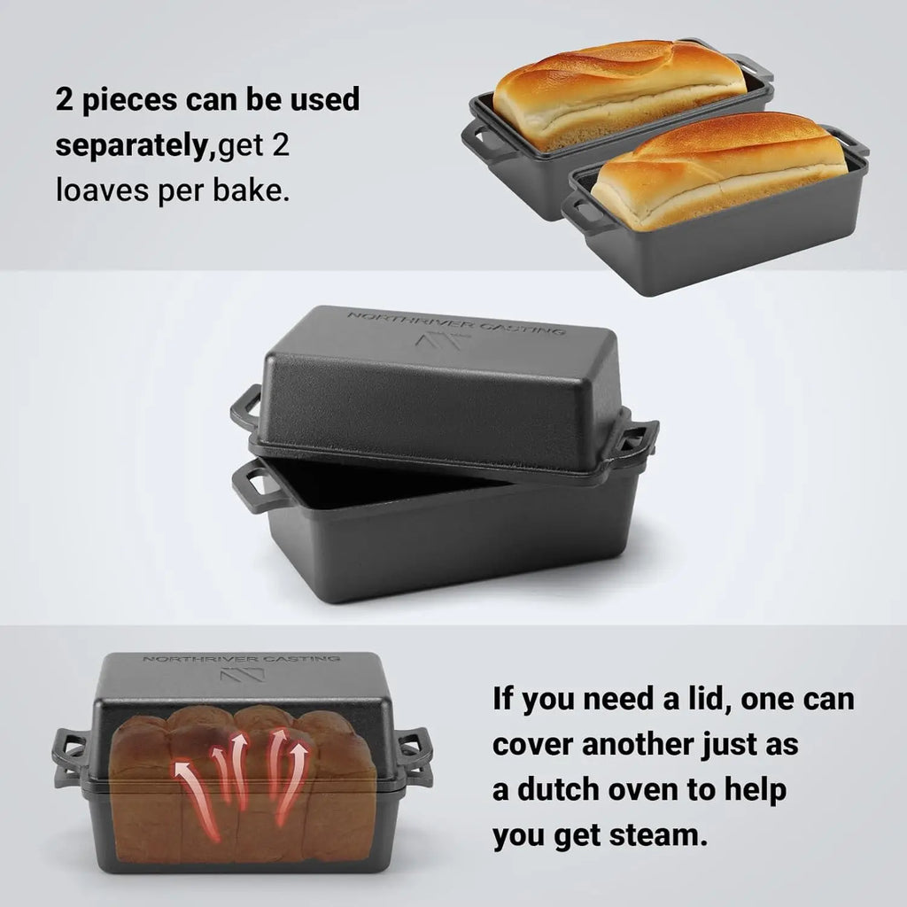 9x5 Inch Cast Iron Loaf Pan with Lid for Even Baking of Bread, Cake, and Meatloaf - 2-Piece Set