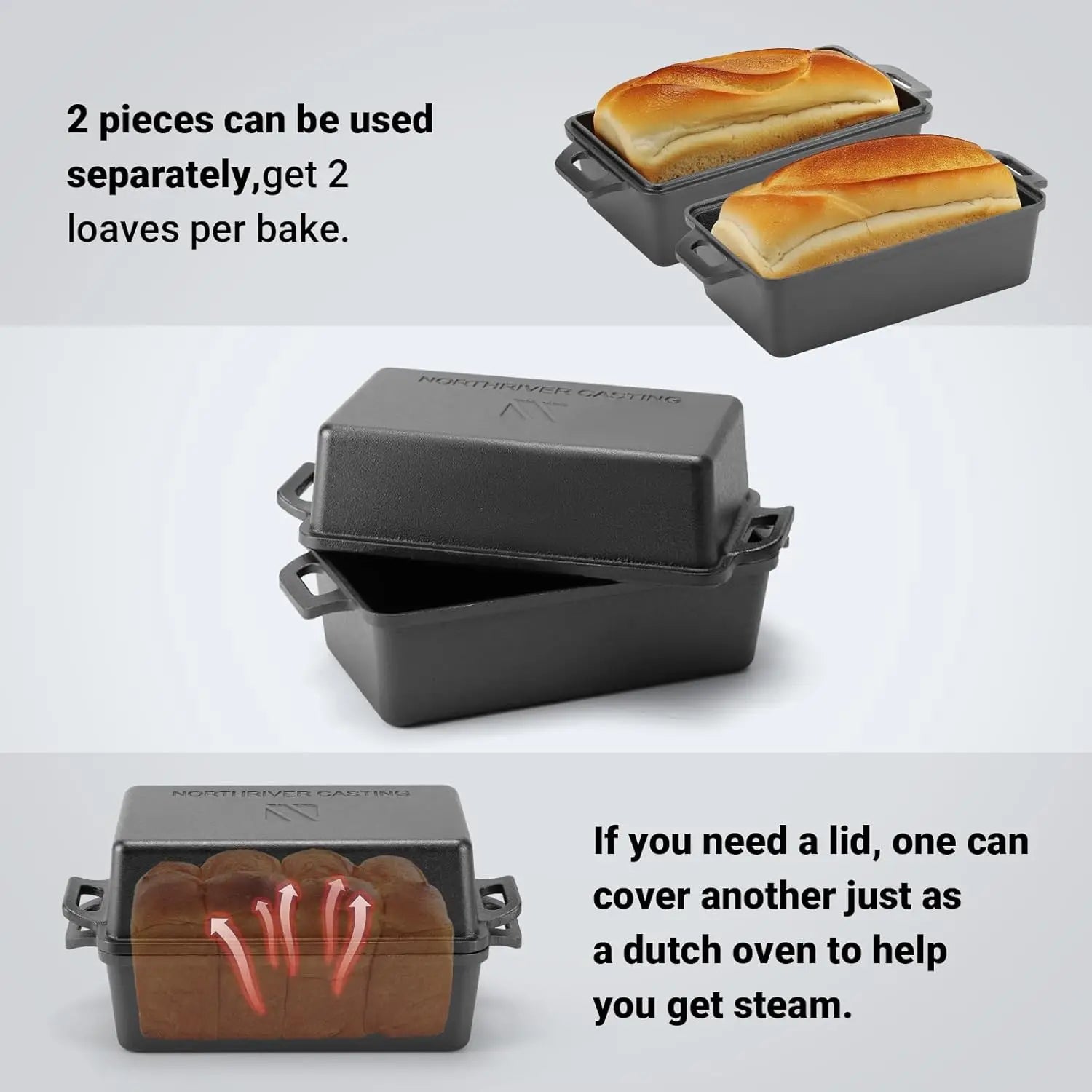 9x5 Inch Cast Iron Loaf Pan with Lid for Even Baking of Bread, Cake, and Meatloaf - 2-Piece Set