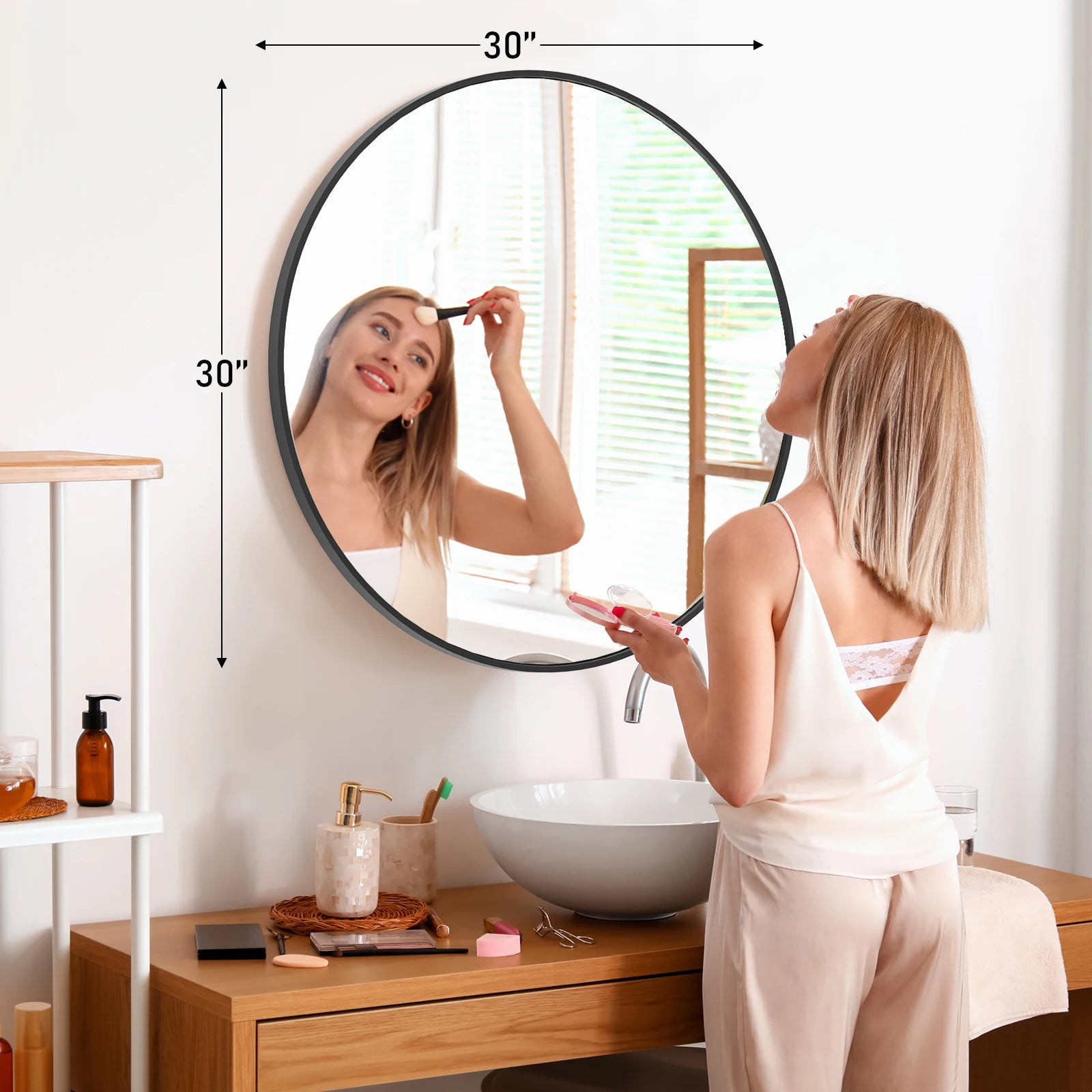 Large Gold Round Vanity Framed Mirror for Wall Matte Metal Framed 30 Inch