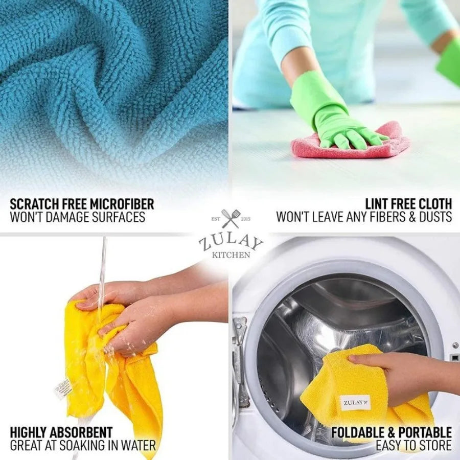 10-Pack Microfiber Cleaning Cloths, Highly Absorbent & Lint-Free for Kitchen Car Glass, Reusable & Machine Washable, Streak-Free