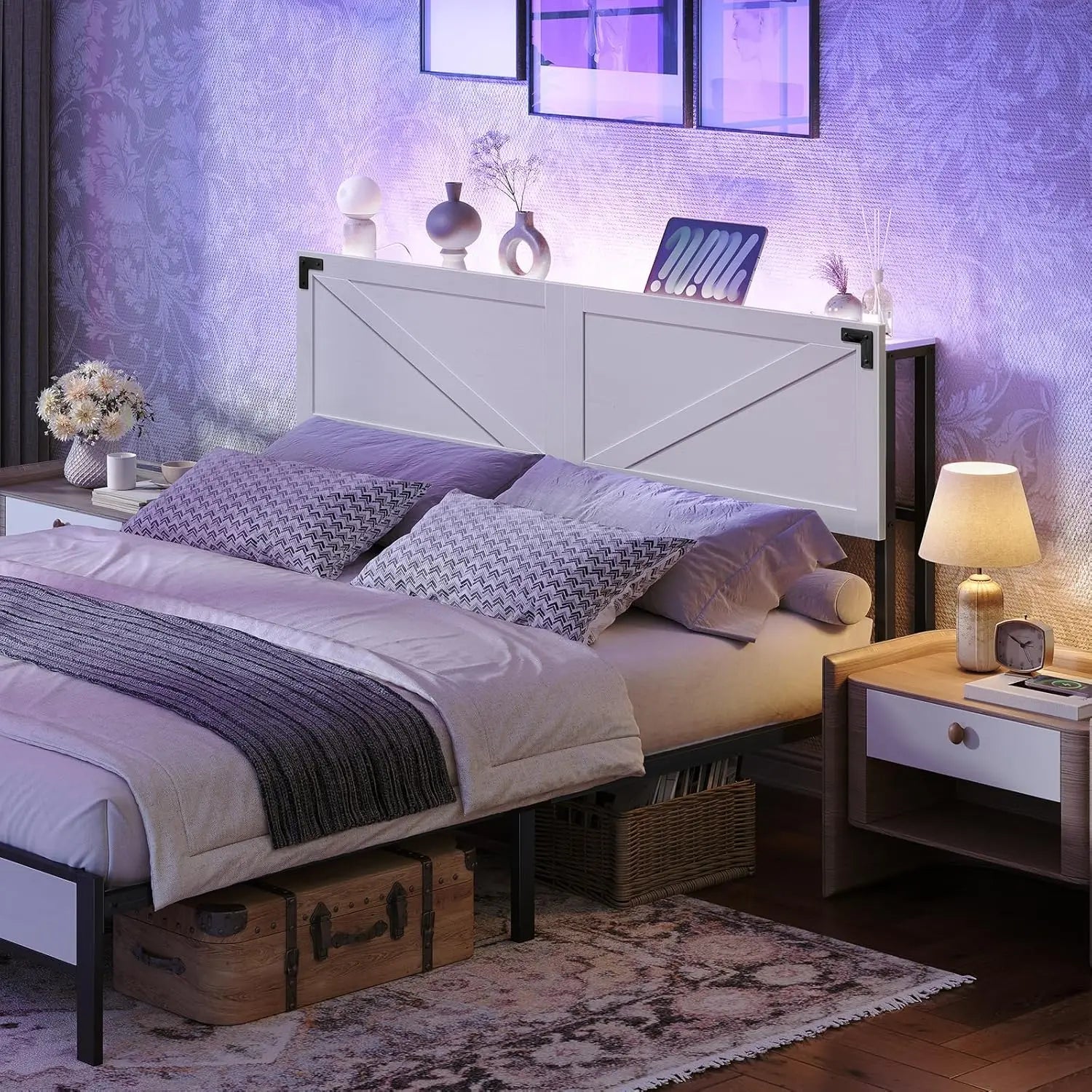 Queen Headboard with USB Ports, LED Lights, Storage Shelf, and Bed Frame