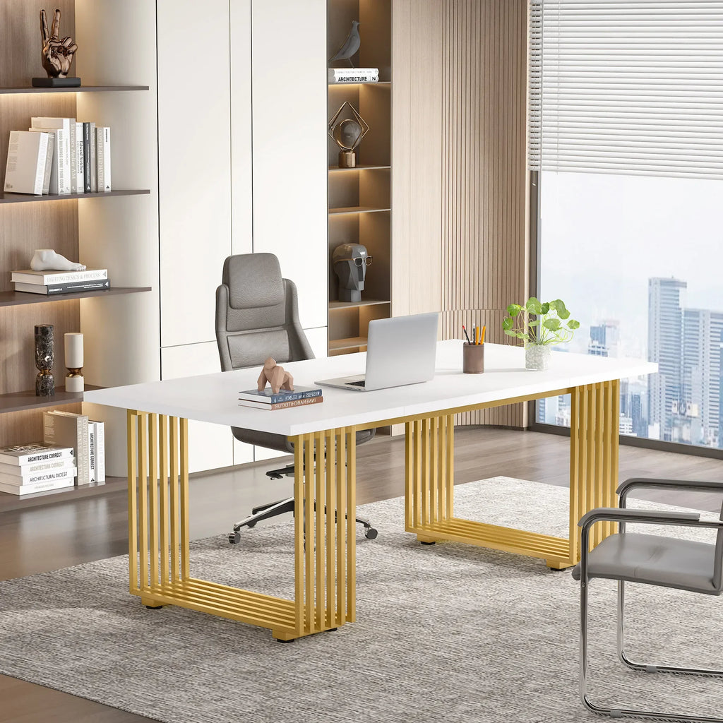 Tribesigns Modern Office Desk, 70.9" Wooden Computer Desk,Executive Desk with Gold Metal Legs