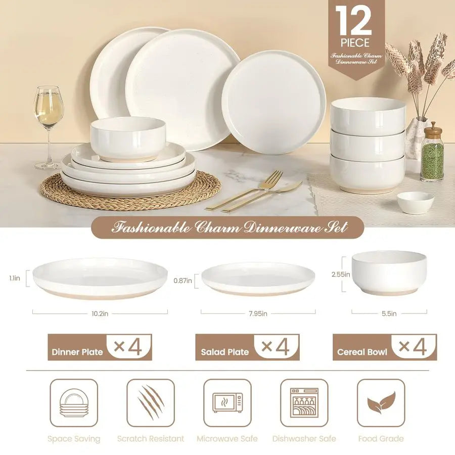 and Bowls Sets, Dinnerware Sets for 4, 12 Pieces Scratch Resistant Dishware Dishes Set, Ceramic Kitchen Dinner Set, Porcelain am