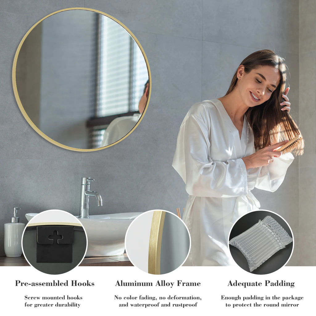 Large Gold Round Vanity Framed Mirror for Wall Matte Metal Framed 30 Inch
