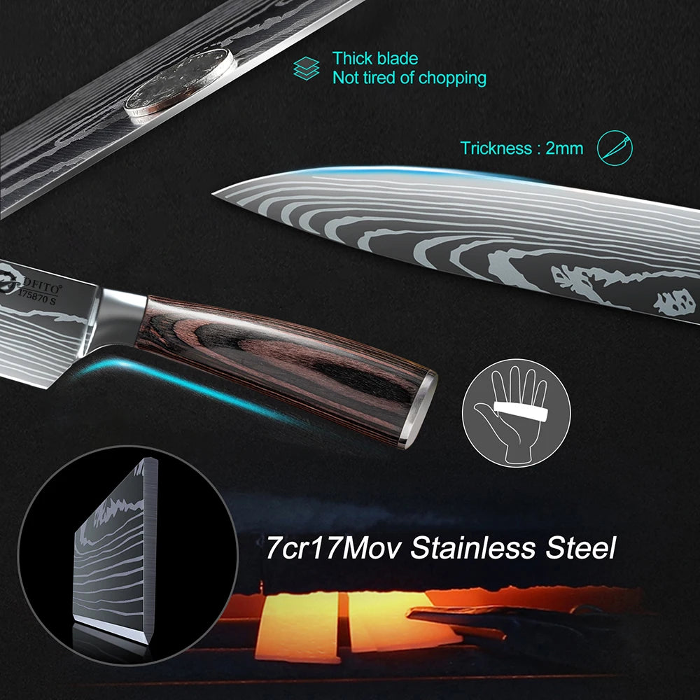 Kitchen Knife Set 7Cr17Mov Stainless Steel Chef Knife Ultra Sharp Santoku Cleaver
