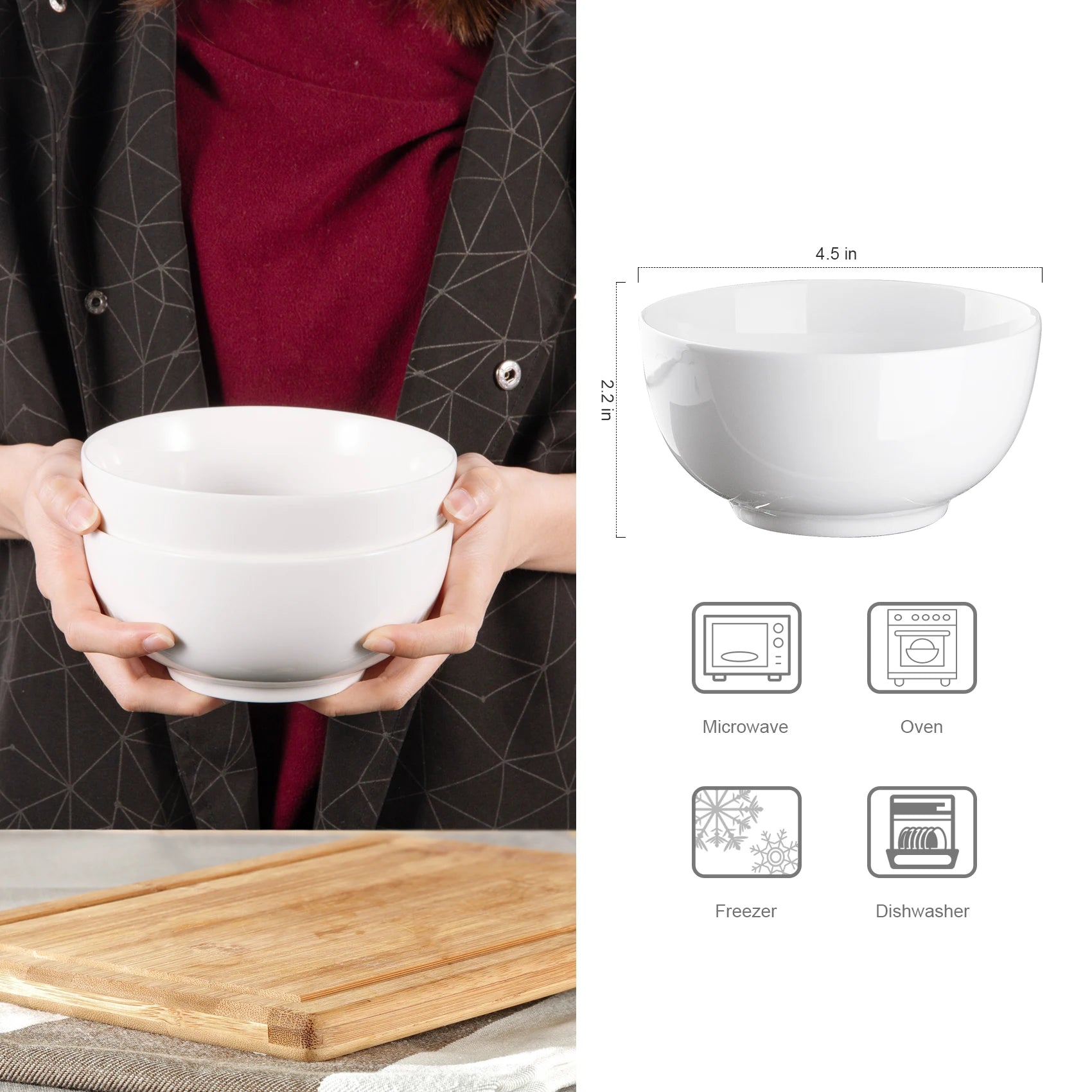 10 Ounce Porcelain Bowls Set 8 Pack Premium White Ceramic Bowls