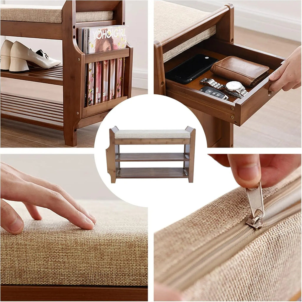 2Tier Shoe Rack Bench 31 Inch Entryway Bench with Storage Basket and Side Drawer Cushion Removable for Living Room Entrance Hall