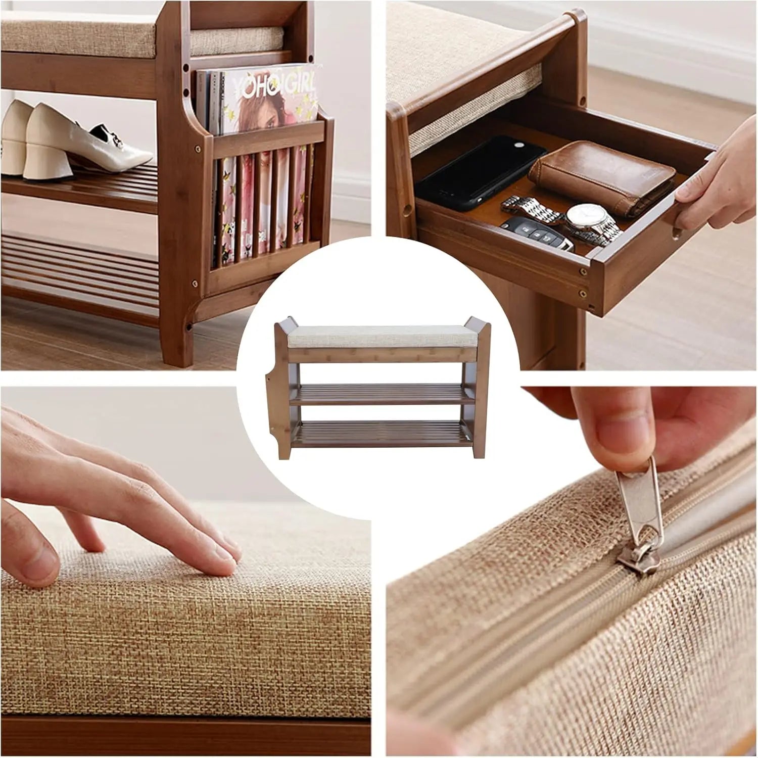 2Tier Shoe Rack Bench 31 Inch Entryway Bench with Storage Basket and Side Drawer Cushion Removable for Living Room Entrance Hall