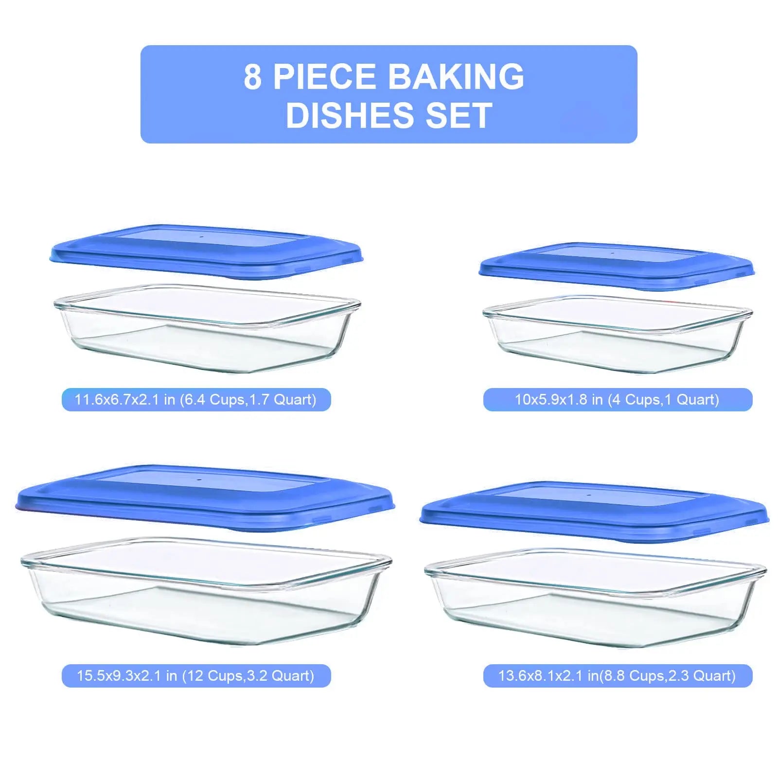 8-Piece Glass Baking Dish Set with Lids, Rectangular Pans for Lasagna