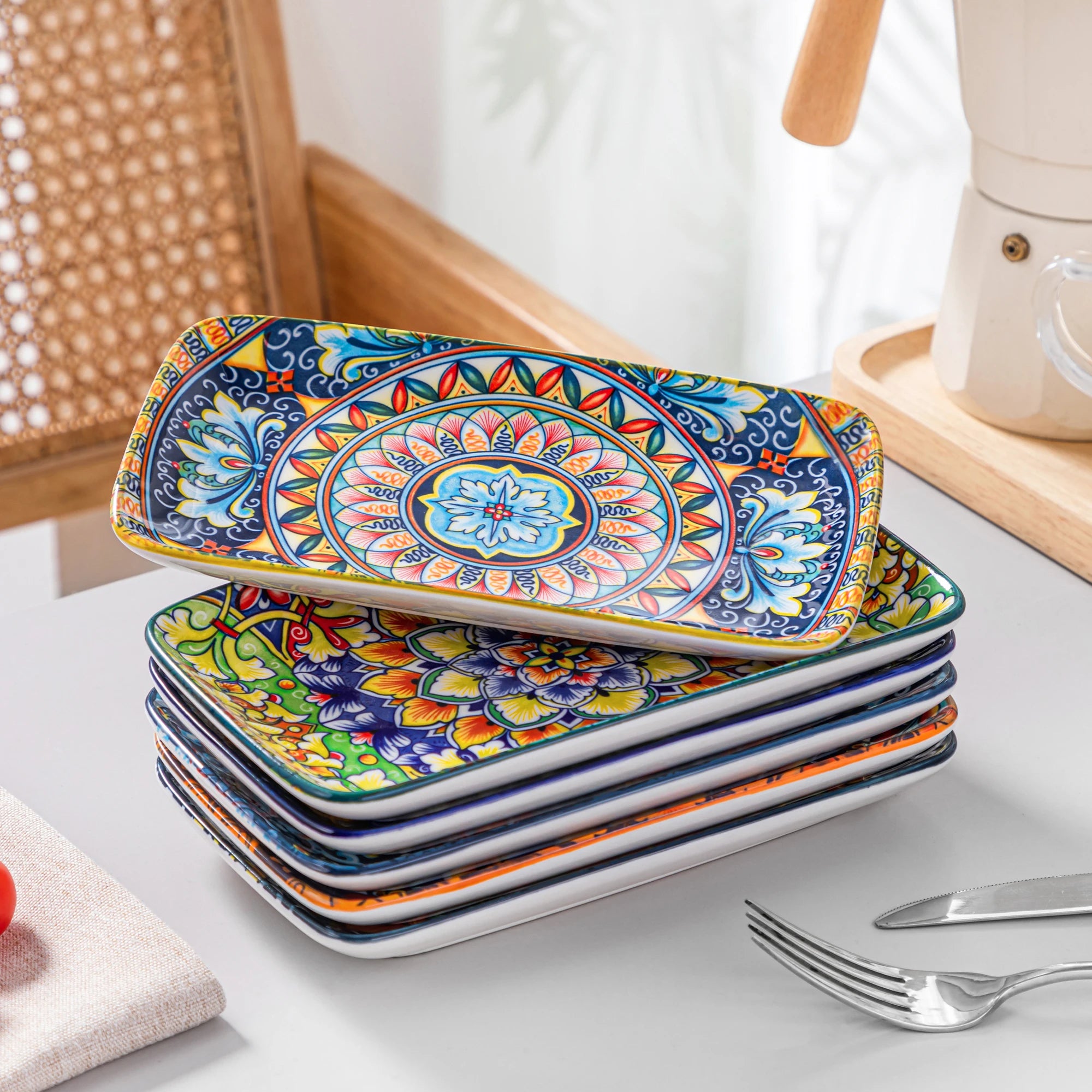 Porcelain Rectangular Serving Plates Bohemian 8.5inch Dinner Plates