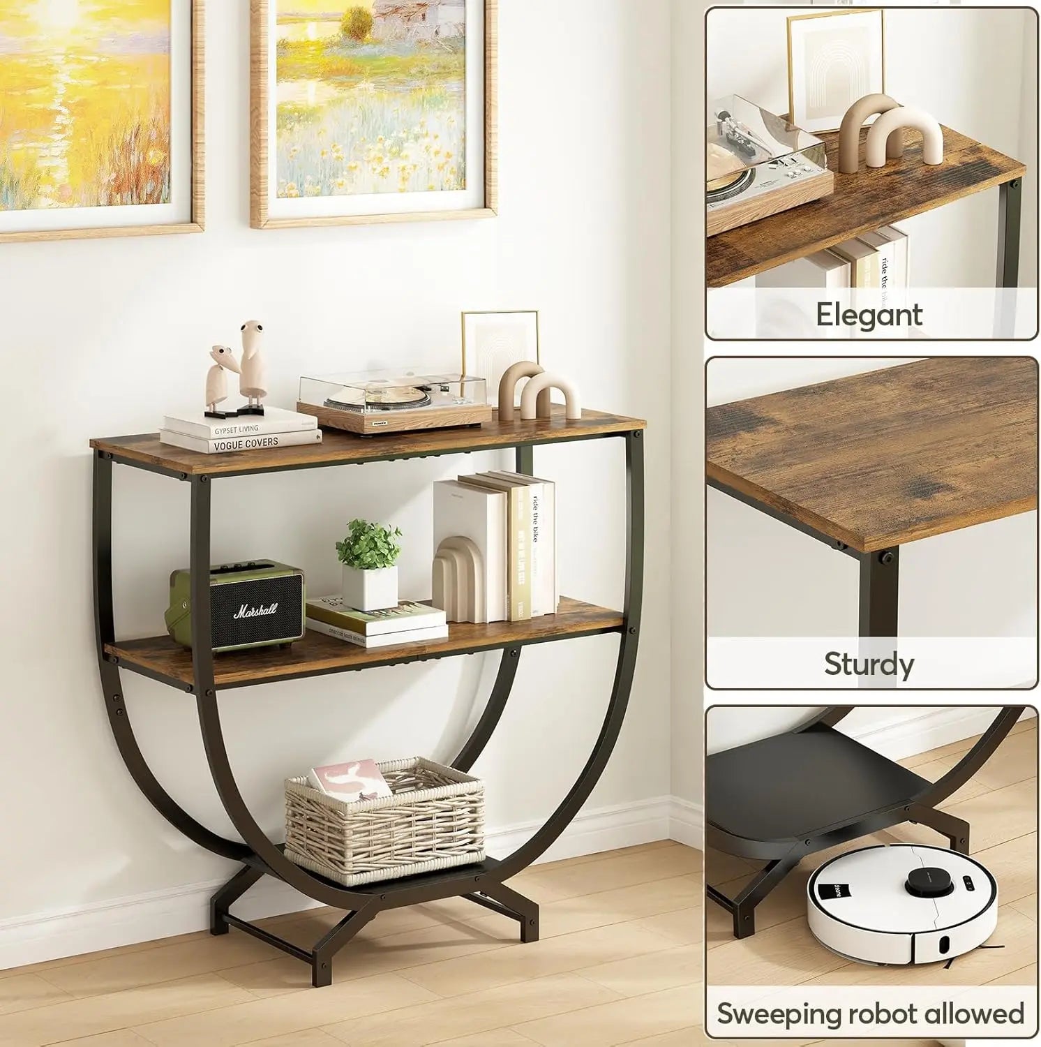 3-Tier Industrial Console Table with Storage, 30" Height Entryway Sofa Table