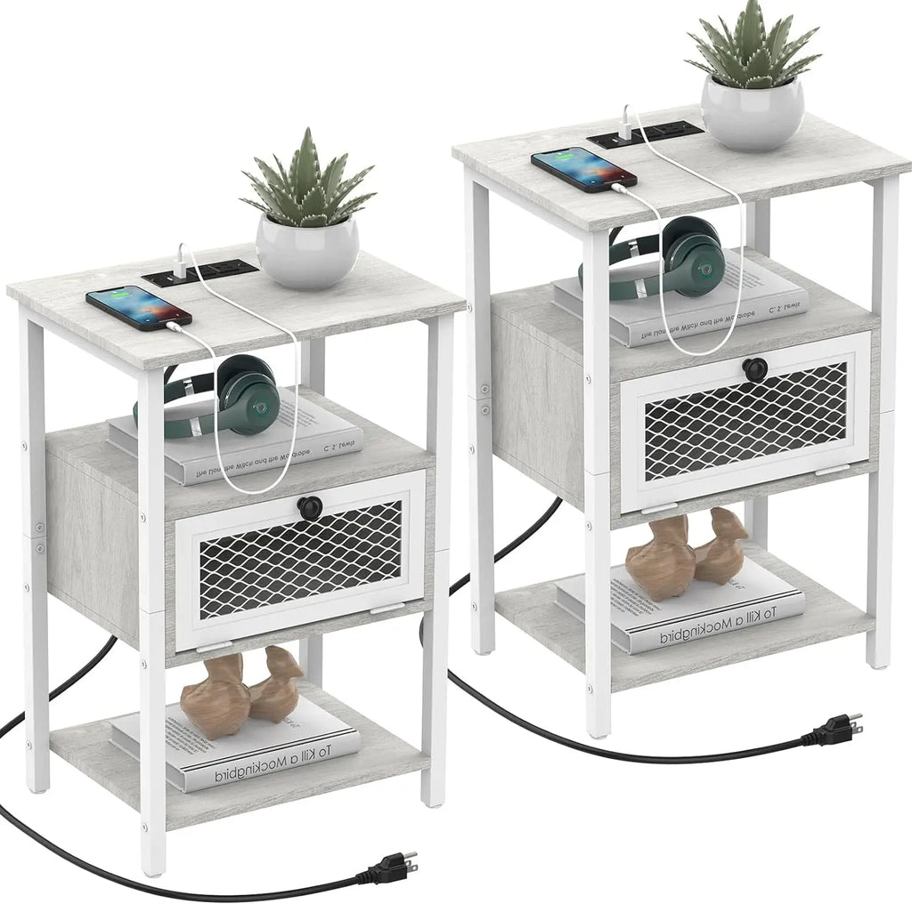 Set of 2 Nightstand Charging Station End Side Table Flip Storage