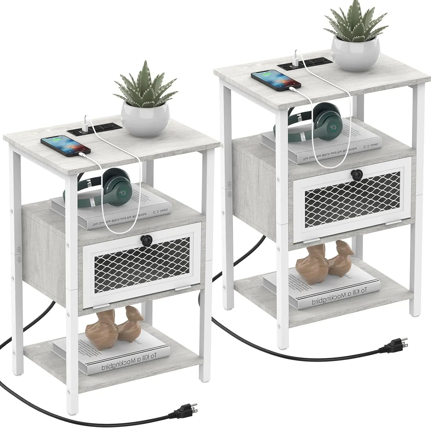 Set of 2 Nightstand Charging Station End Side Table Flip Storage