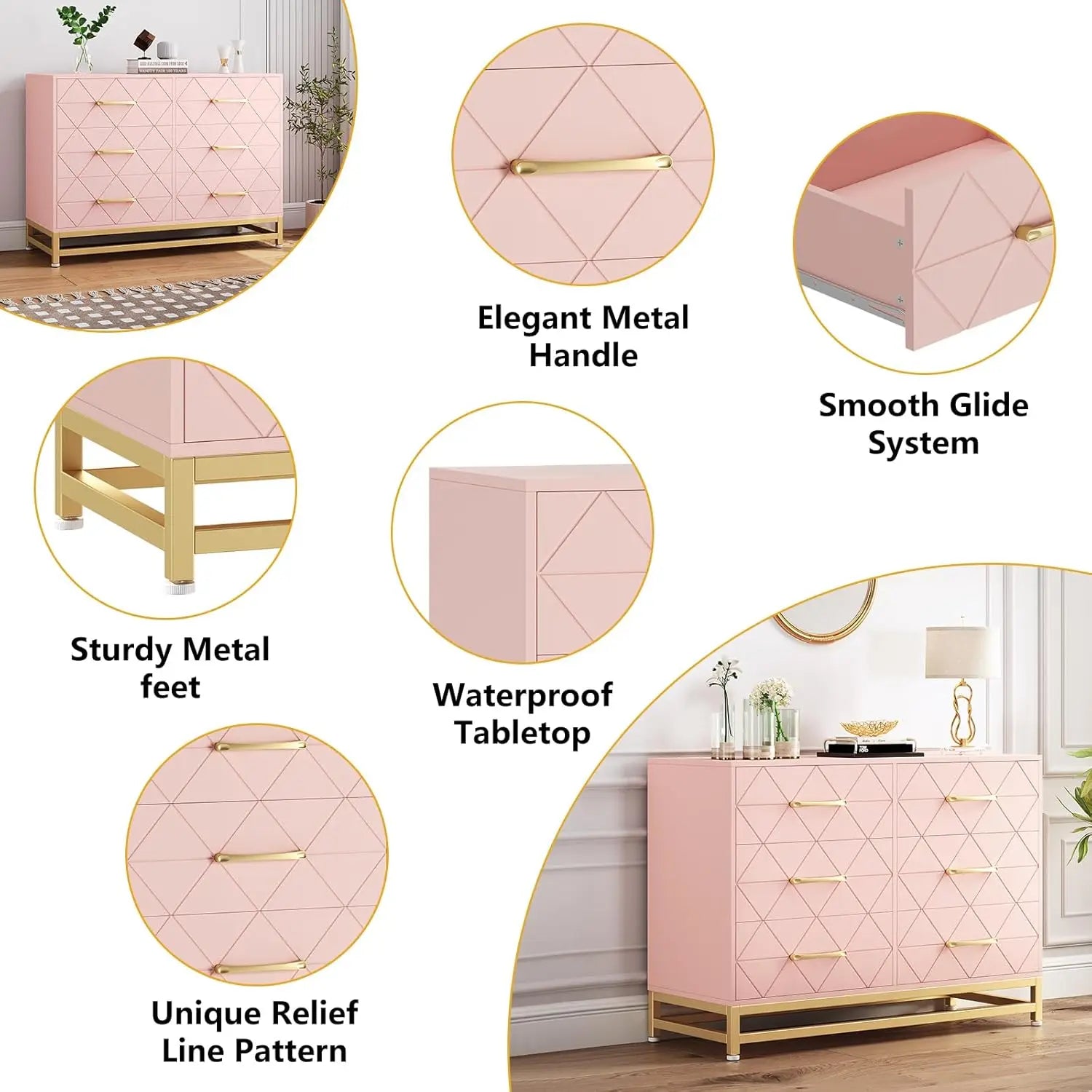 Modern Elegant 6 Drawer Dresser with Gold Handles