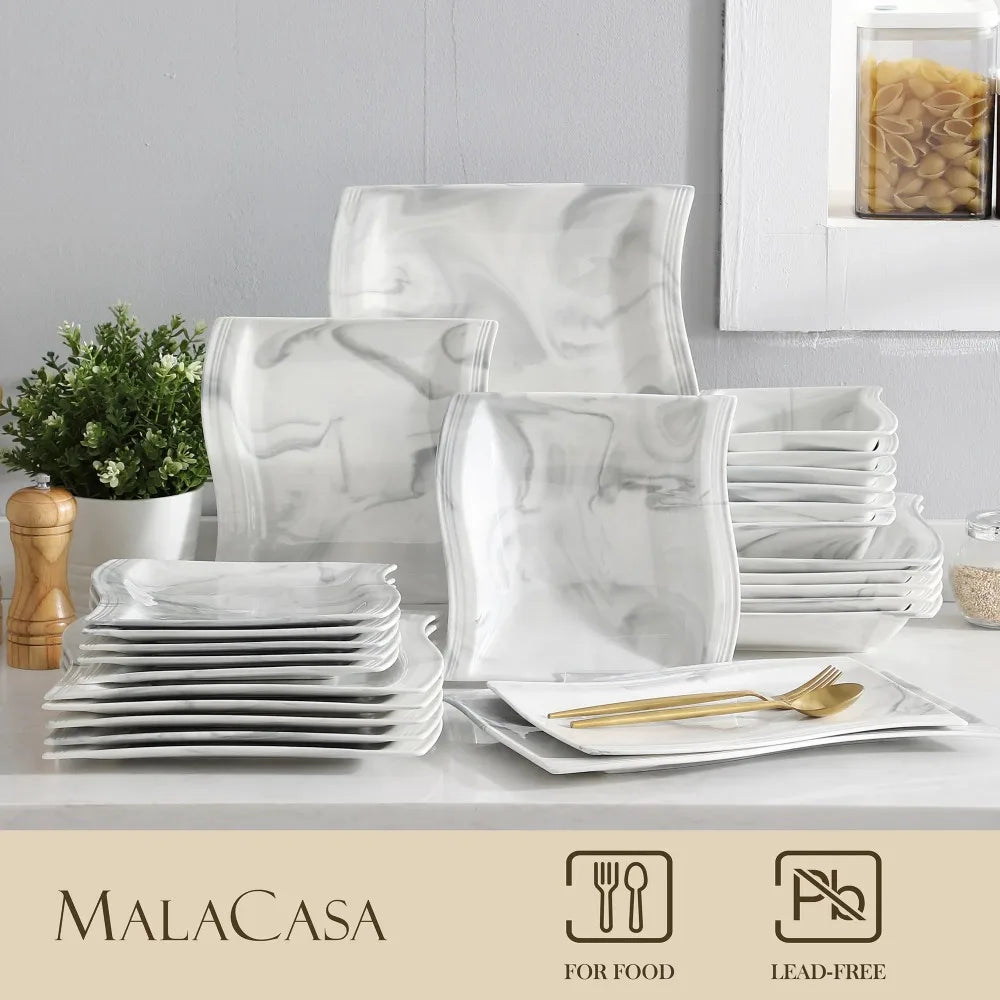 MALACASA FLORA 26-PIECE Nordic European Marble Gray Porcelain Tableware Set