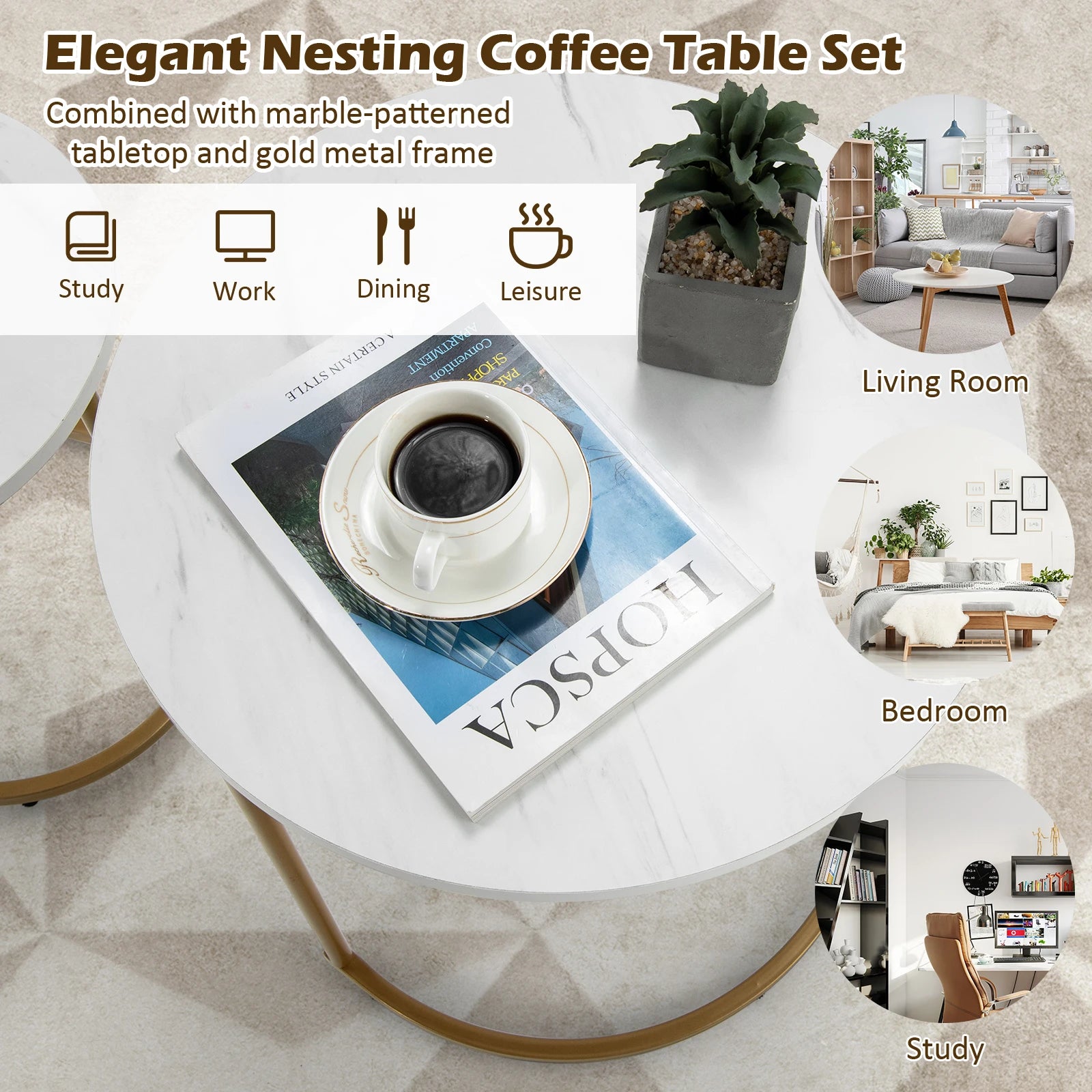 Nesting Coffee Table Modern Set of 2 Marble Coffee Side Table Set Living Room
