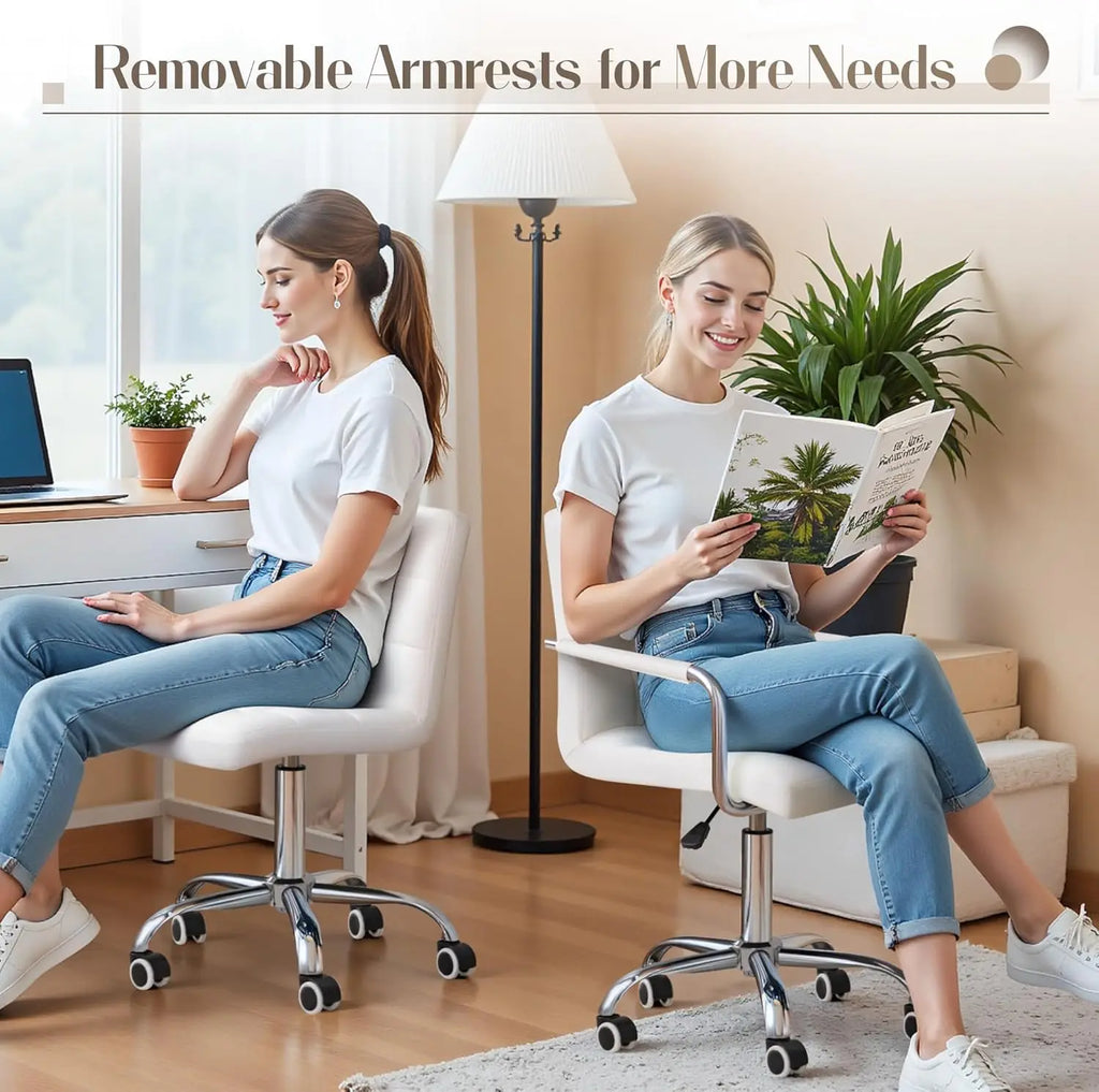 Modern Adjustable Office Chair with PU Leather, Swivel Base and Arms for Home Desk - White