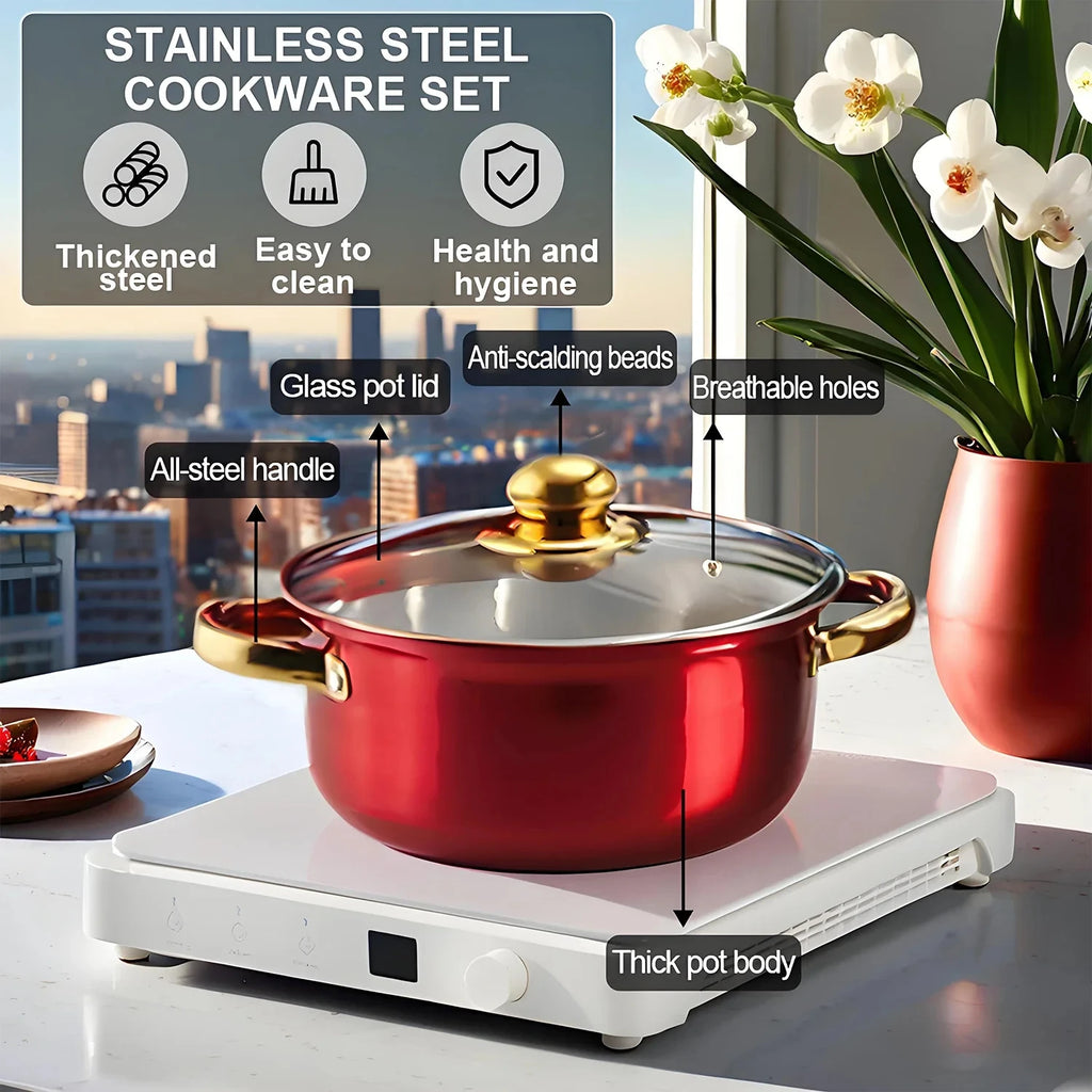 12PCS Stainless Steel Colored Cookware Set Non-stick Pan Gold-plated Handle Soup Pot