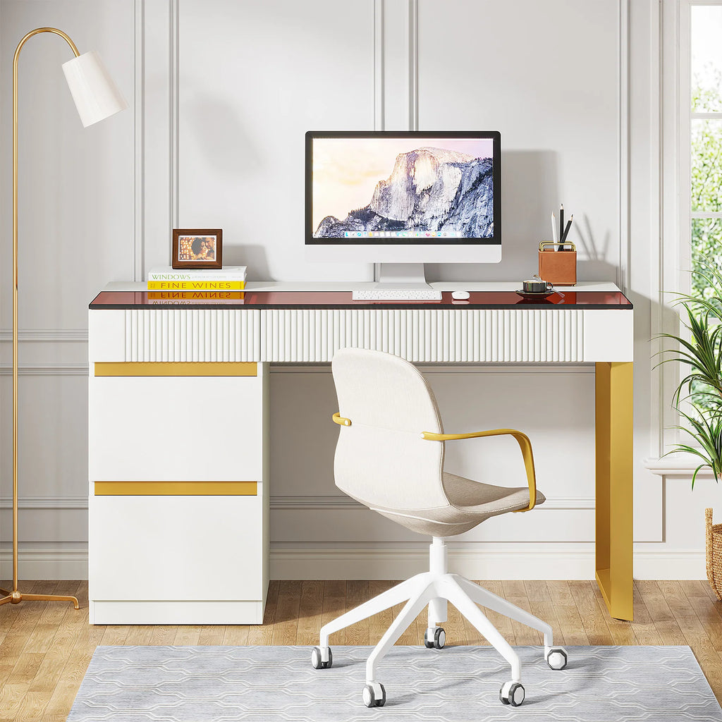 Computer Desk with 4 Drawers,  Modern Home Office Desk with Glass Top