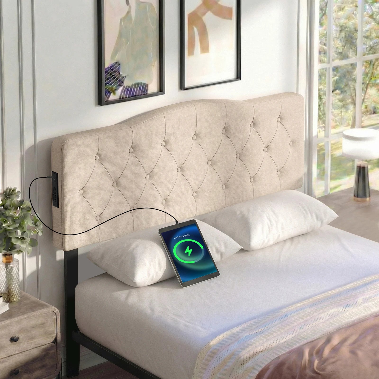 Headboard for Queen & Full Size Bed, Tufted Upholstered Head Board w/ 2AC Outlets