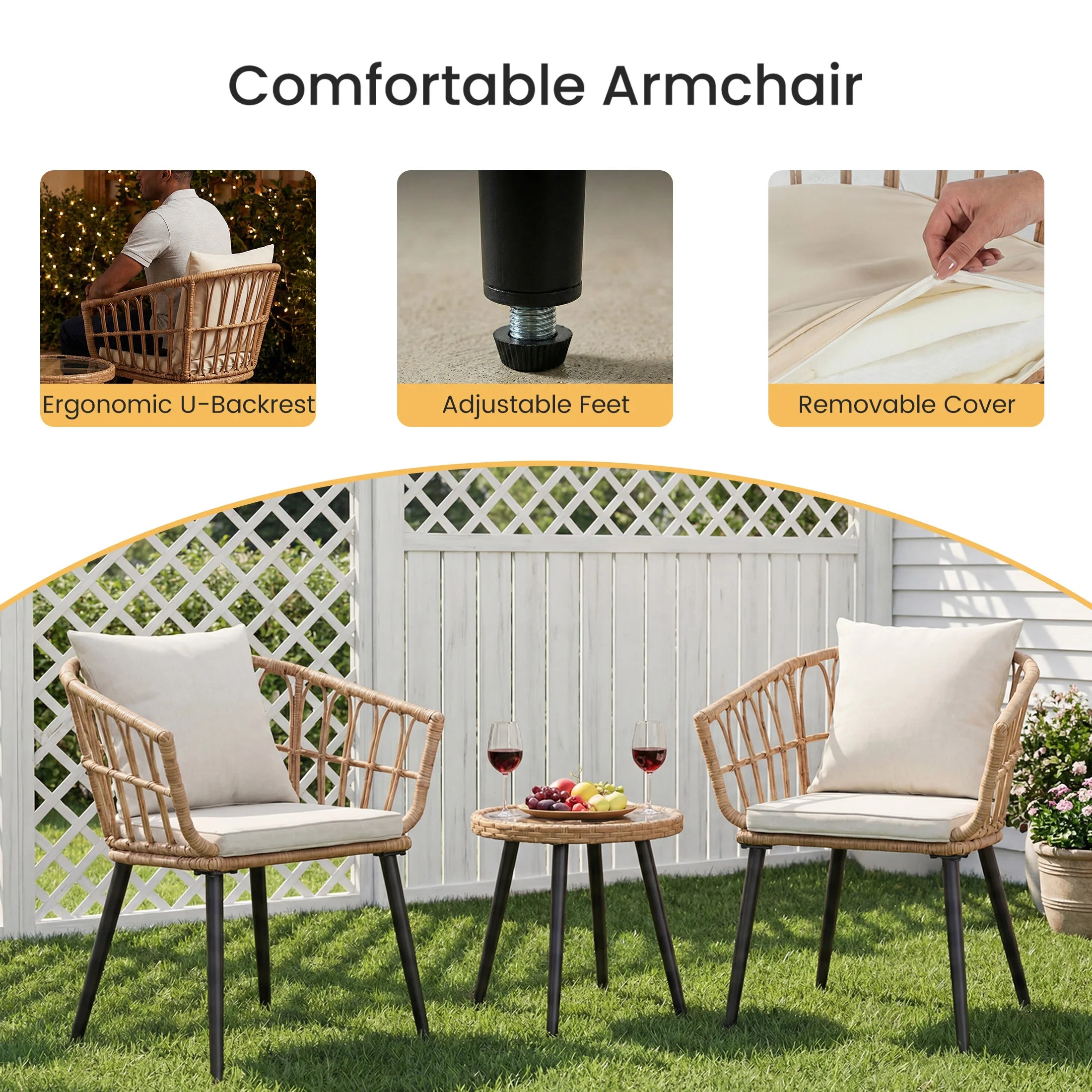 3 Pieces Wicker Patio Outdoor Set with Soft Cushions ,and Glass Steel Frame Table