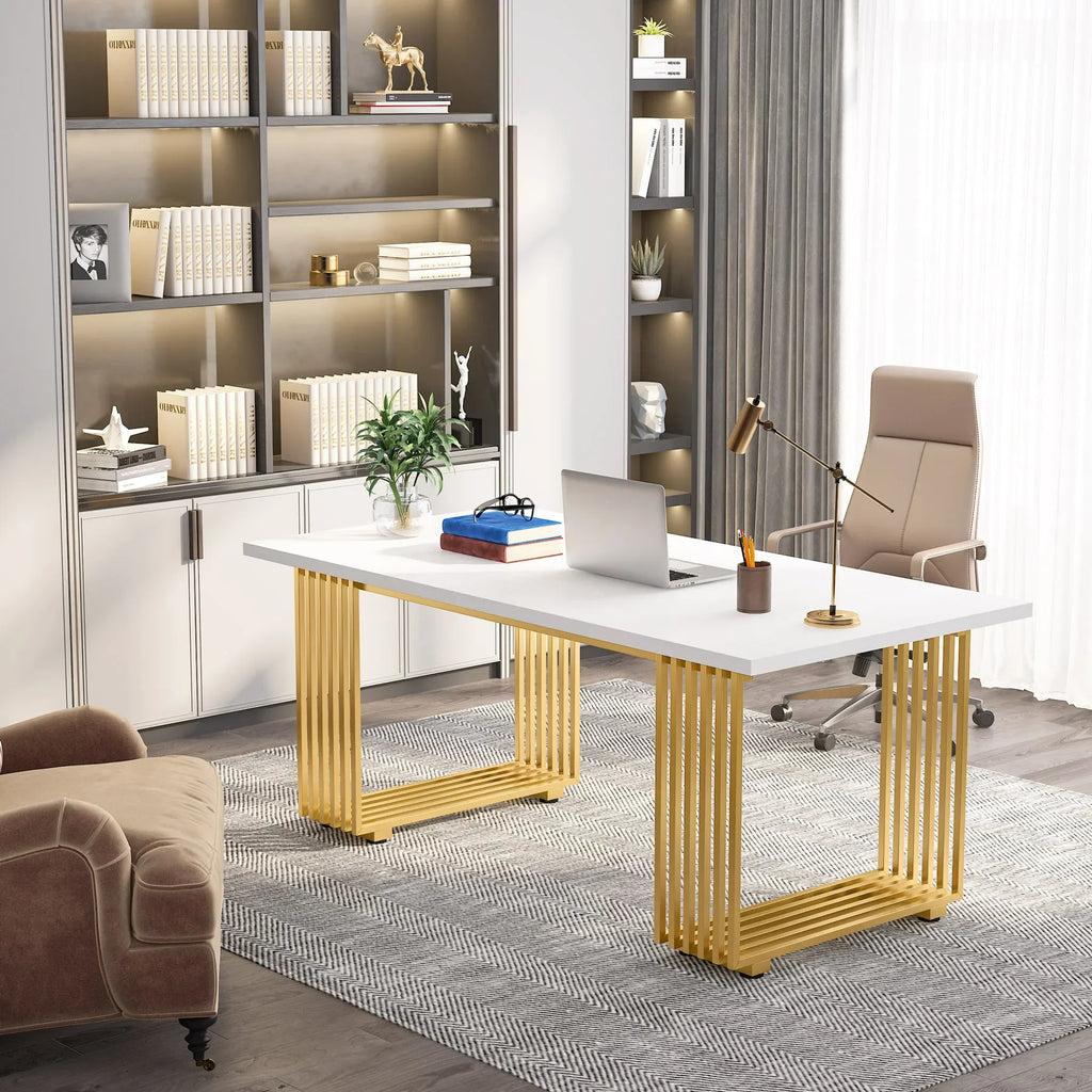 Tribesigns Modern Office Desk, 70.9" Wooden Computer Desk,Executive Desk with Gold Metal Legs