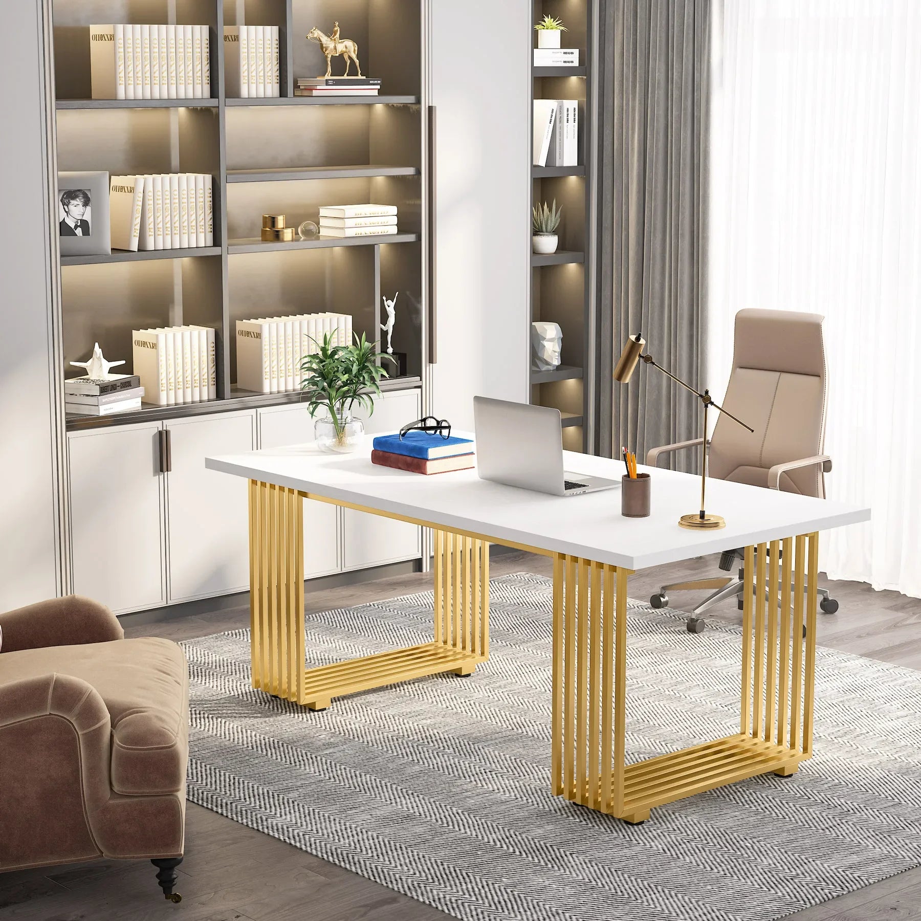 Tribesigns Modern Office Desk, 70.9" Wooden Computer Desk,Executive Desk with Gold Metal Legs
