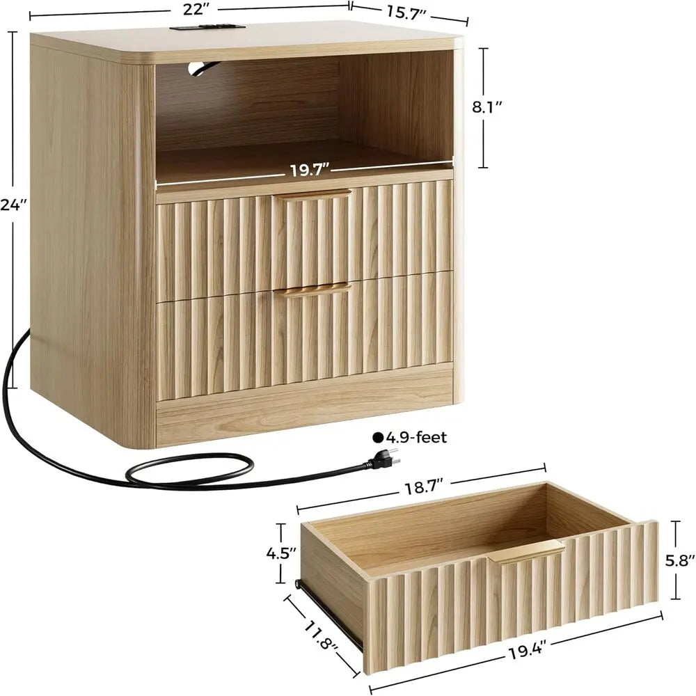 Fluted Night Stand Set of 2, Modern Nightstand