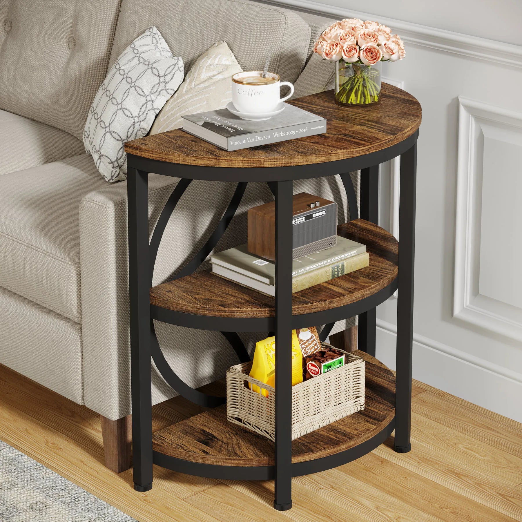 Half Round End Table for Living Room, 3-Tier Half Side Table with Metal Frame