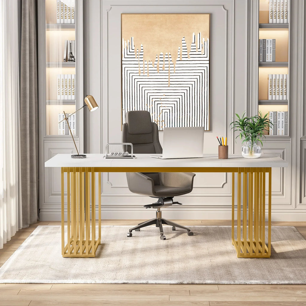 Tribesigns Modern Office Desk, 70.9" Wooden Computer Desk,Executive Desk with Gold Metal Legs