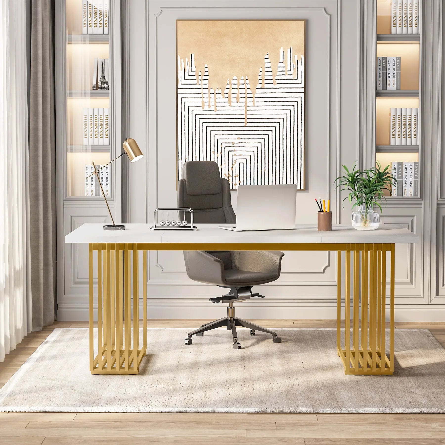 Tribesigns Modern Office Desk, 70.9" Wooden Computer Desk,Executive Desk with Gold Metal Legs
