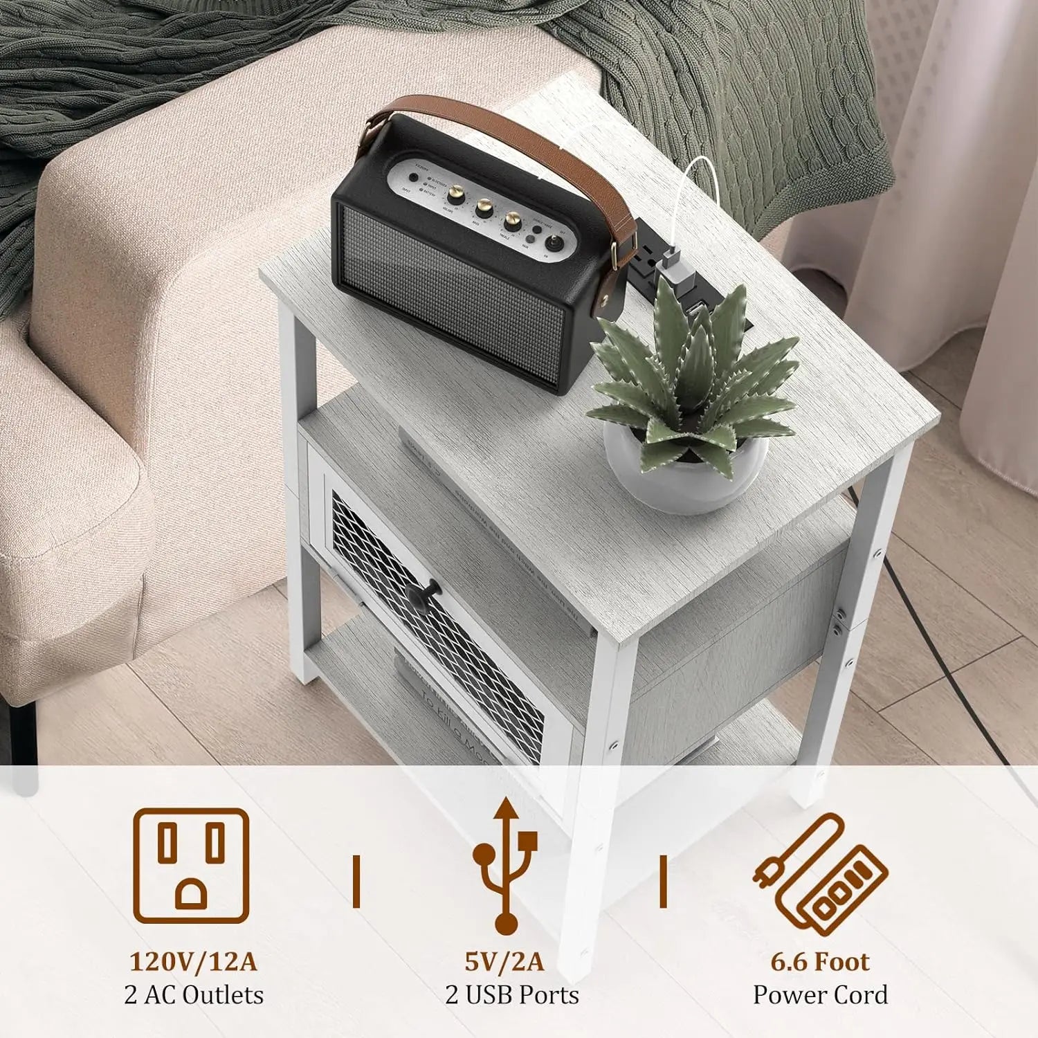 Set of 2 Nightstand Charging Station End Side Table Flip Storage