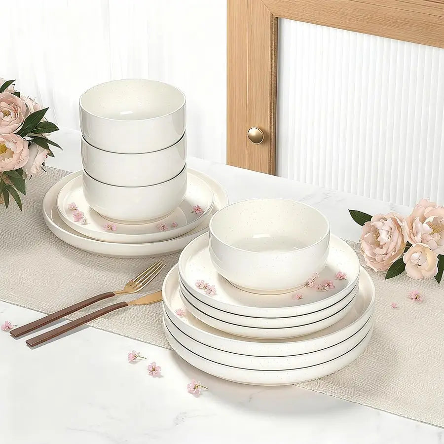 and Bowls Sets, Dinnerware Sets for 4, 12 Pieces Scratch Resistant Dishware Dishes Set, Ceramic Kitchen Dinner Set, Porcelain am