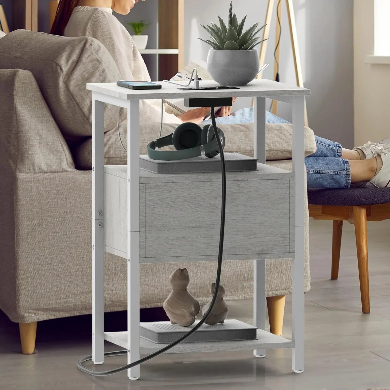 Set of 2 Nightstand Charging Station End Side Table Flip Storage