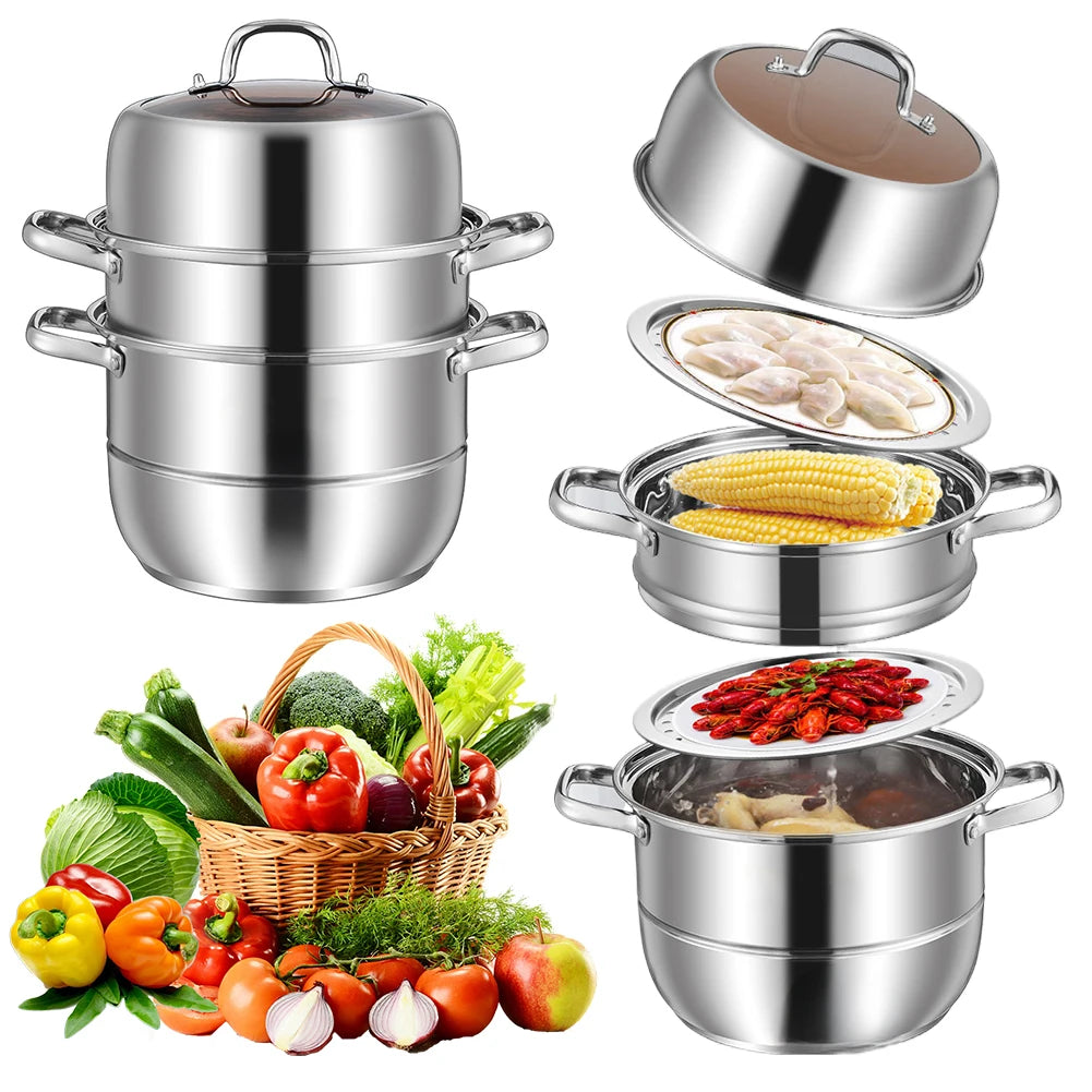 11inch 3 Tier Stainless Steel with Lid & Handle Steamer Pot Thick Food Steamer