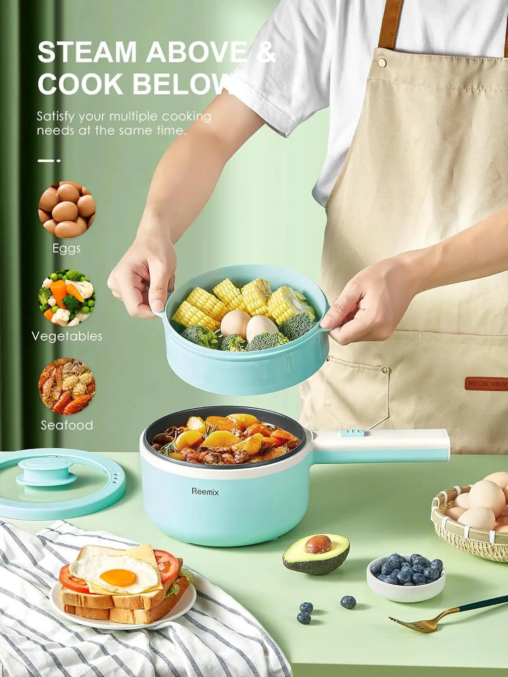 1.6L Electric Hot Pot with Steamer, Non-Stick Pan for Soup, Oatmeal - Portable