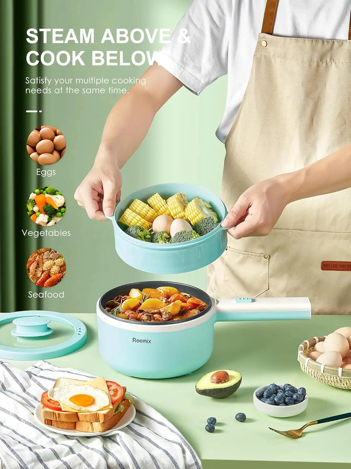 1.6L Electric Hot Pot with Steamer, Non-Stick Pan for Soup, Oatmeal - Portable
