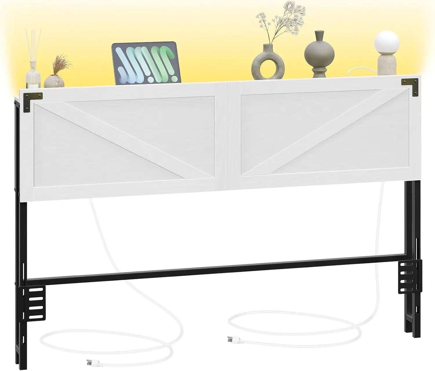 Queen Headboard with USB Ports, LED Lights, Storage Shelf, and Bed Frame