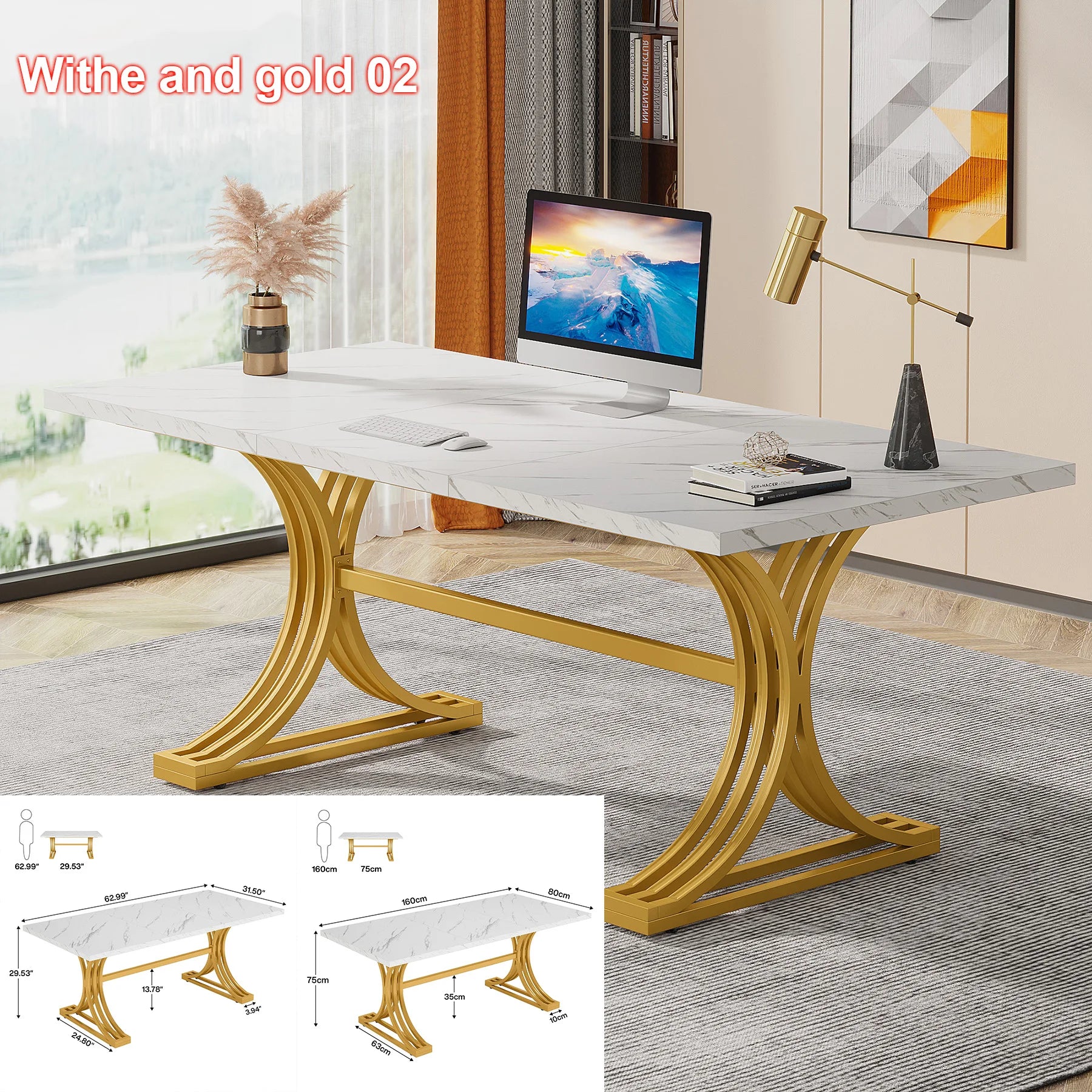 Tribesigns Modern Office Desk, 70.9" Wooden Computer Desk,Executive Desk with Gold Metal Legs