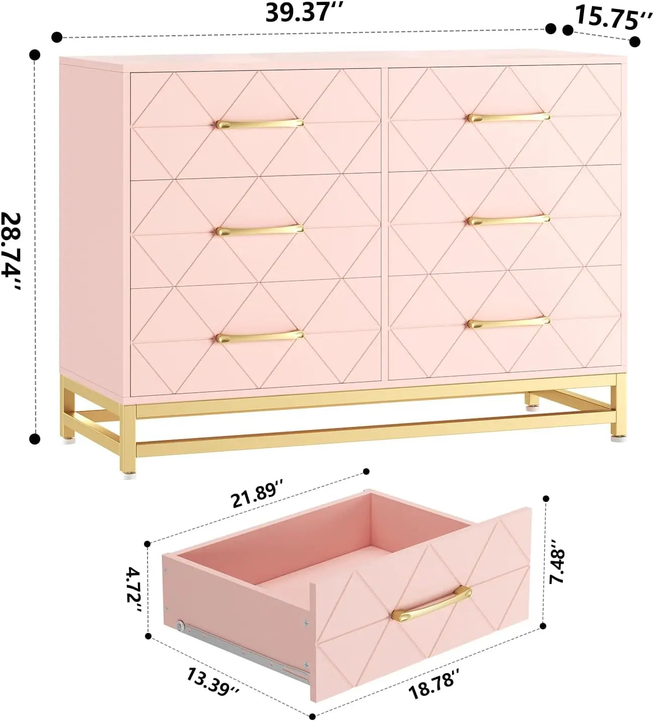 Modern Elegant 6 Drawer Dresser with Gold Handles