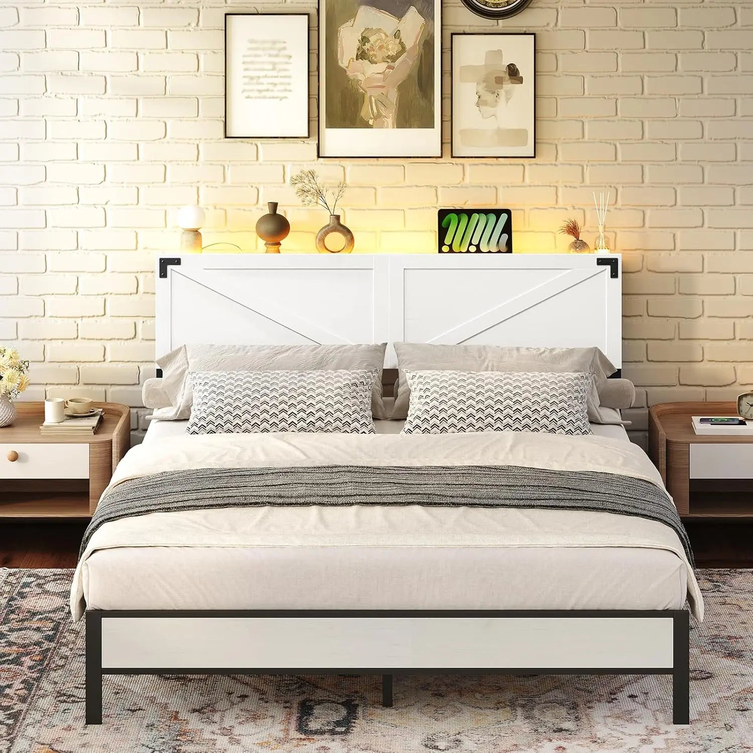 Queen Headboard with USB Ports, LED Lights, Storage Shelf, and Bed Frame