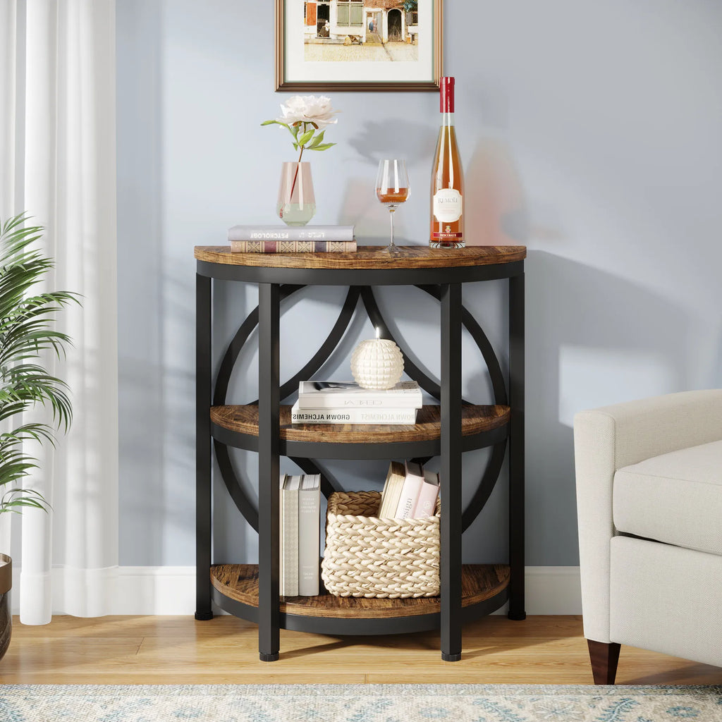Half Round End Table for Living Room, 3-Tier Half Side Table with Metal Frame