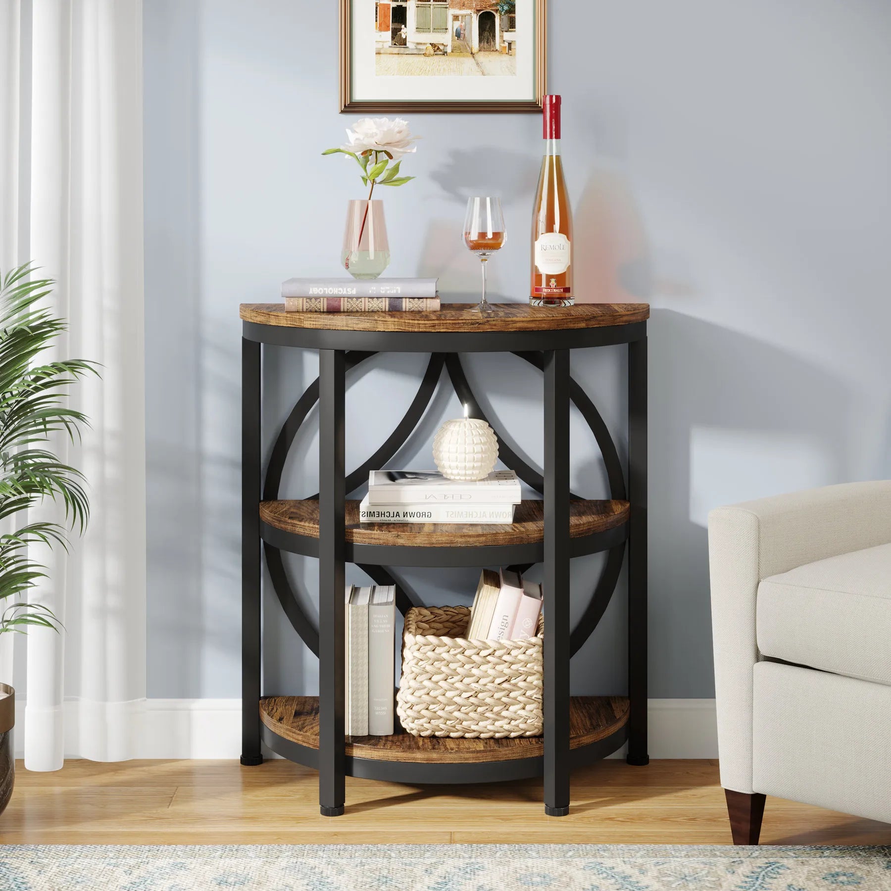 Half Round End Table for Living Room, 3-Tier Half Side Table with Metal Frame