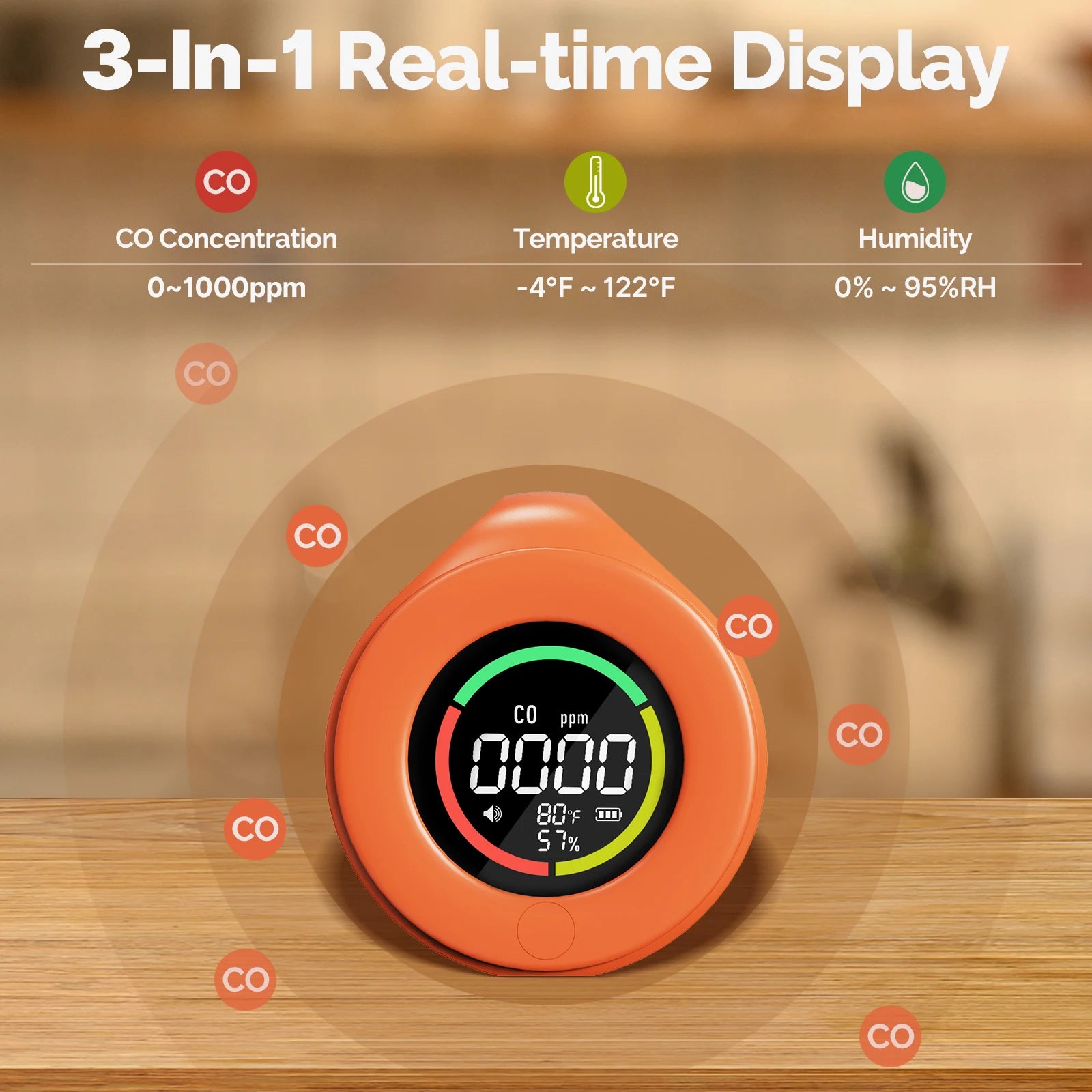 Mini Carbon Monoxide Detector Travel 3-in-1 Portable Temp/Humi/ 120 Hour Standby Chargeable