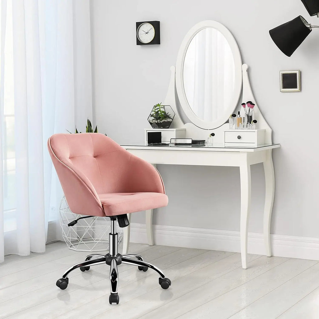 Pink Velvet Swivel Office Chair with Wheels, Adjustable Height for Desk, Bedroom, Living Room